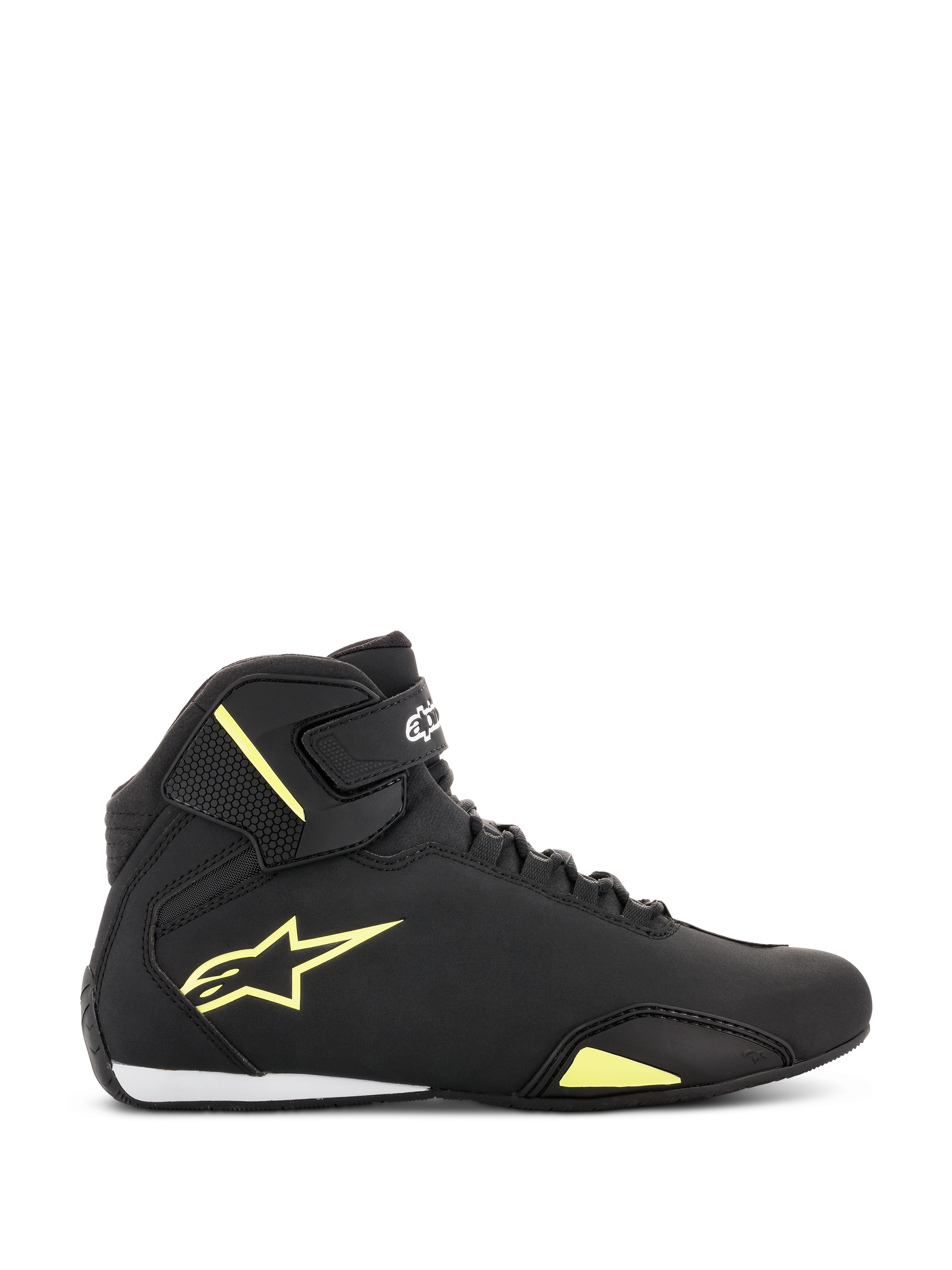 Chaussures Alpinestars Sektor, chaussures de moto, noir et jaune fluo, vue latérale montrant le logo étoile jaune, sangle de cheville avec logo et détail blanc au talon sur une tige en microfibre épurée.