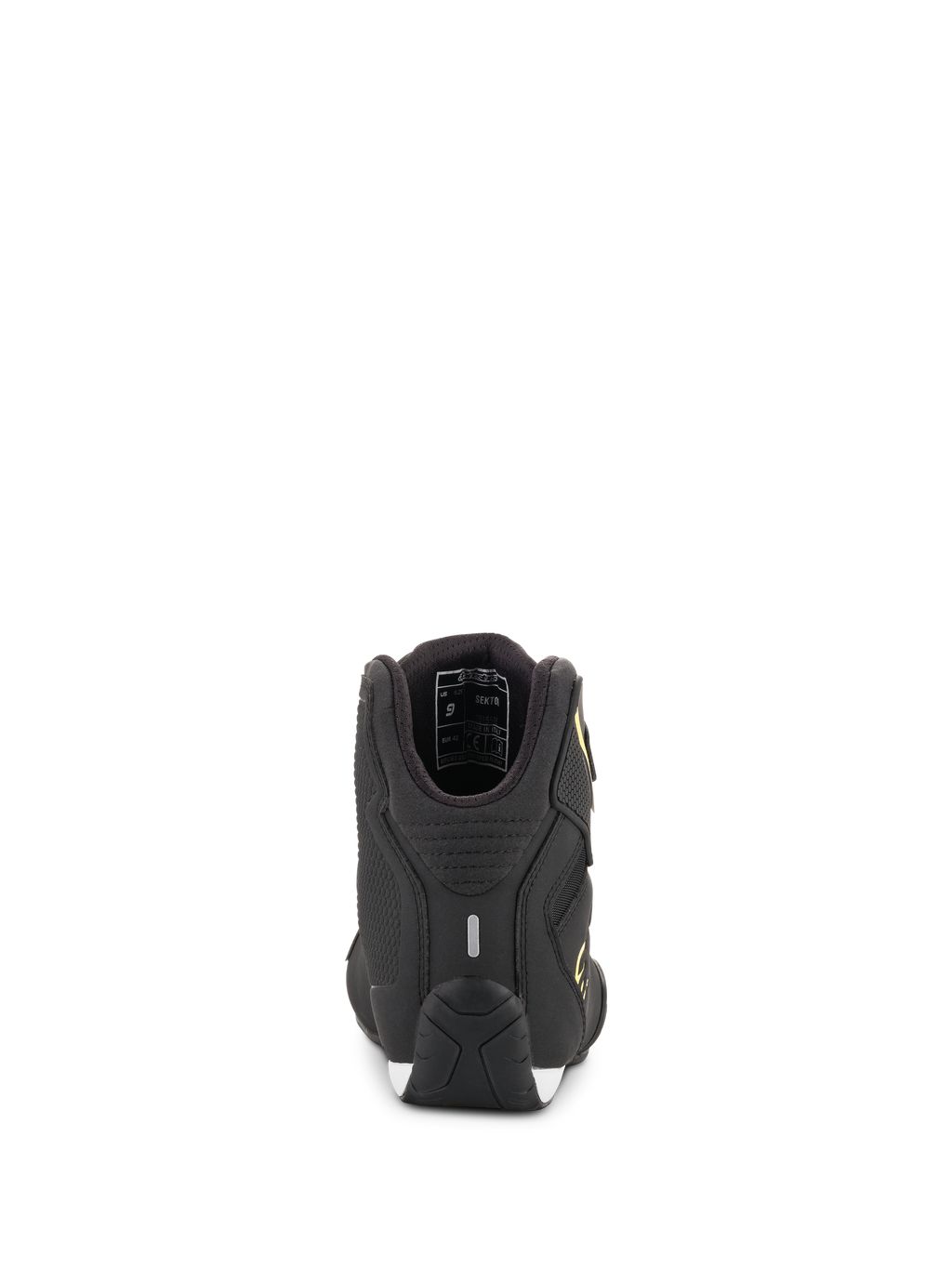 Chaussures Alpinestars Sektor, chaussures de moto, noir et jaune fluo, vue arrière montrant le talon avec bande réfléchissante et détails de la doublure intérieure, semelle de performance texturée