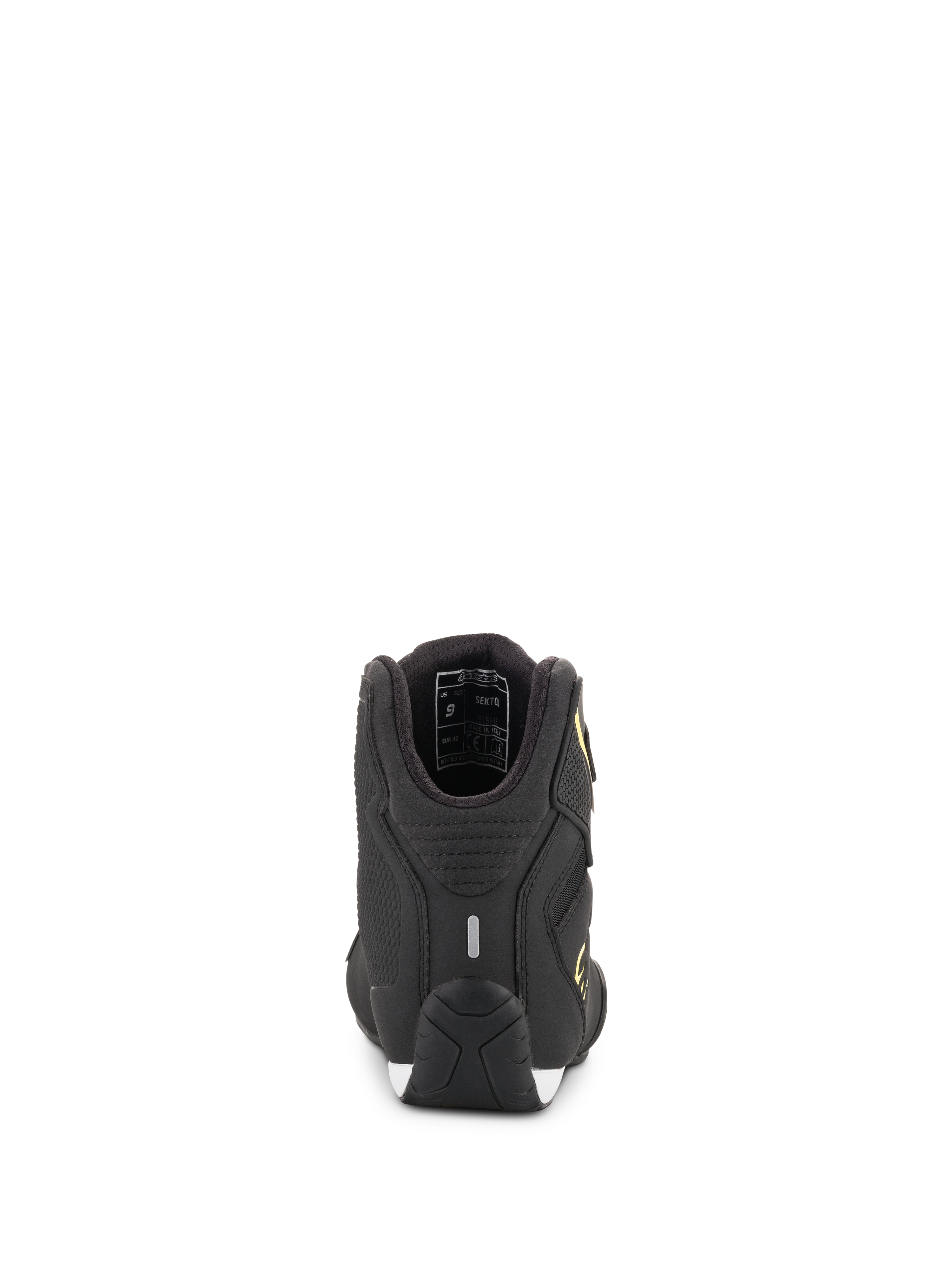 Chaussures Alpinestars Sektor, chaussures de moto, noir et jaune fluo, vue arrière montrant le talon avec bande réfléchissante et détails de la doublure intérieure, semelle de performance texturée