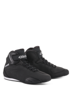 Alpinestars Sektor Shoes, Motorcycle Riding Shoes, Black, sleek mid-cut profile with microfiber upper, speed lacing system, white Alpinestars logo on the ankle strap, and durable rubber sole