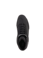 Alpinestars Sektor Shoes, Motorcycle Riding Shoes, Black, top-down view featuring speed lacing system, ankle strap with white logo, and reinforced toe area, sleek microfiber construction