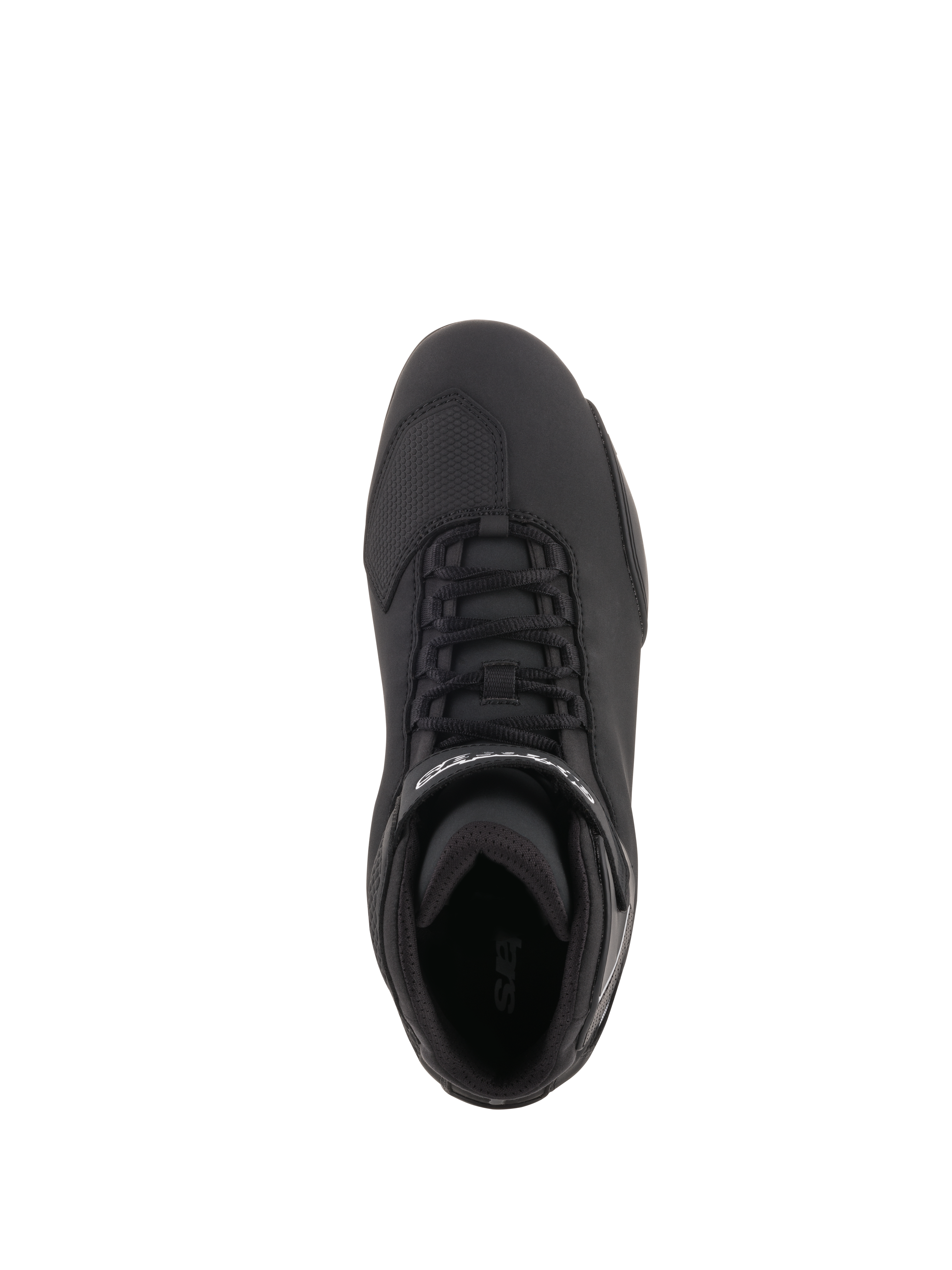 Alpinestars Sektor Shoes, Motorcycle Riding Shoes, Black, top-down view featuring speed lacing system, ankle strap with white logo, and reinforced toe area, sleek microfiber construction