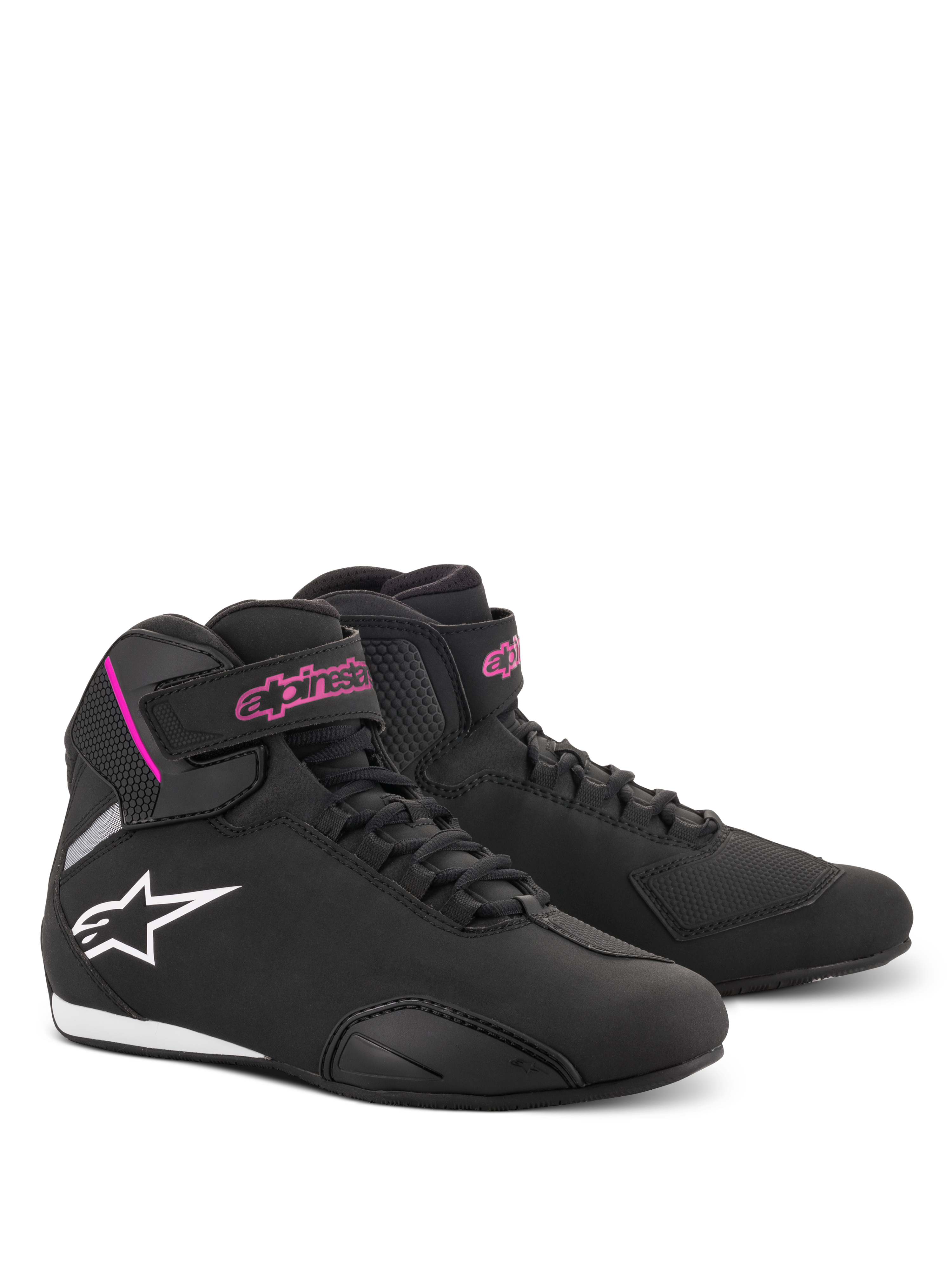 Chaussures Stella Sektor Femme Alpinestars, chaussures de moto, noir et fuchsia, construction légère en microfibre, conception montante avec lacets rapides et sangle velcro, marquage rose et logo étoile blanc, chaussures de protection sportives