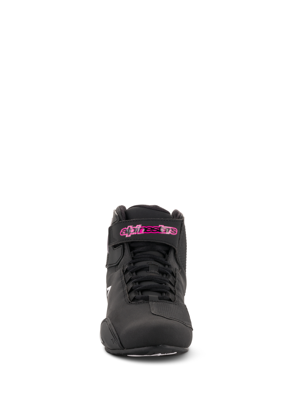 Chaussures Stella Sektor Femme Alpinestars, chaussures de moto, noir fuchsia, vue de face, construction en microfibre, lacets noirs et logo fuchsia sur la sangle de cheville, design élégant d'inspiration sportive