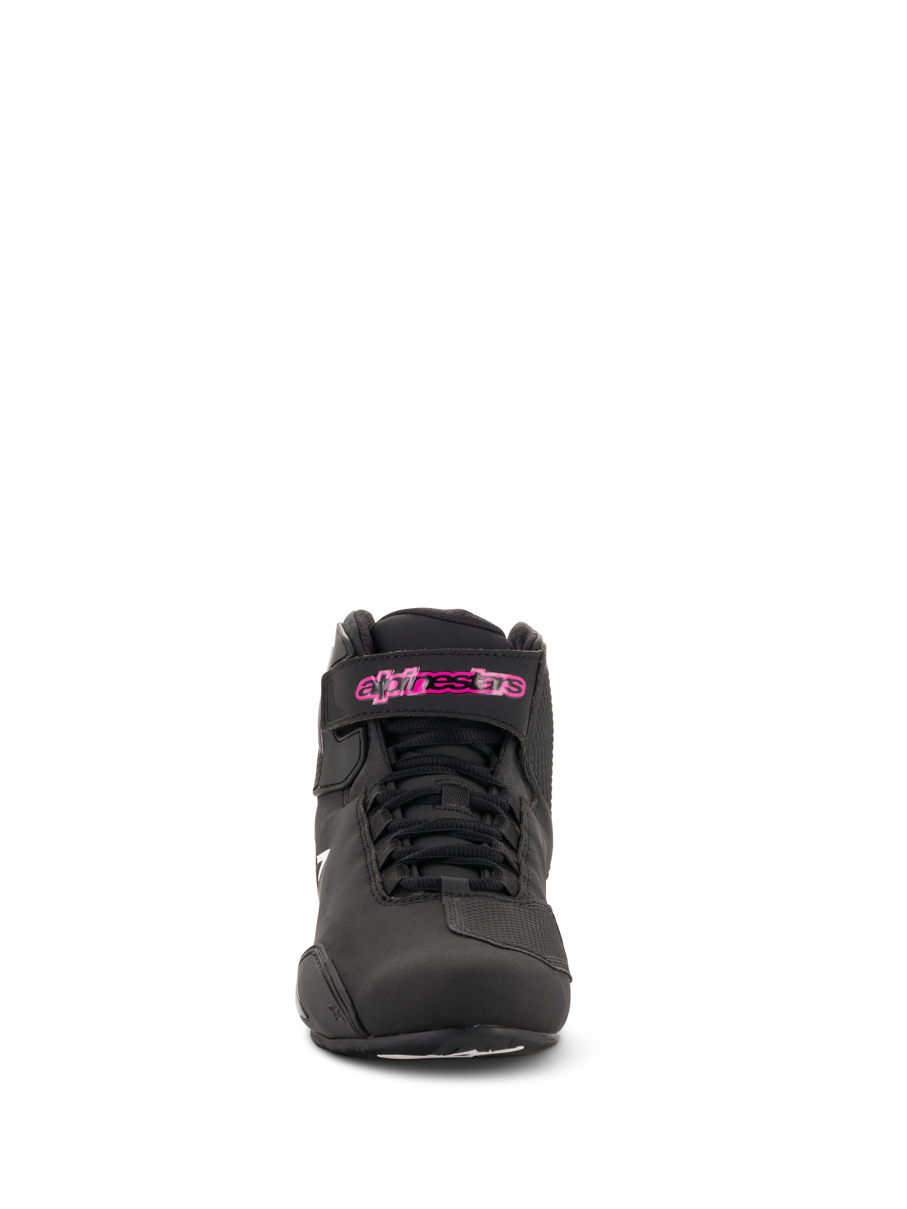 Chaussures Stella Sektor Femme Alpinestars, chaussures de moto, noir fuchsia, vue de face, construction en microfibre, lacets noirs et logo fuchsia sur la sangle de cheville, design élégant d'inspiration sportive
