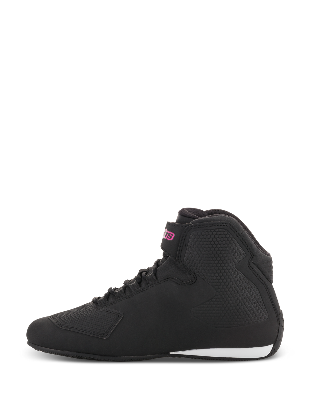 Chaussures femme Alpinestars Stella Sektor, chaussures de moto, noir et fuchsia, profil latéral présentant une tige en microfibre noire avec un logo rose sur la sangle de cheville et un accent blanc au talon.