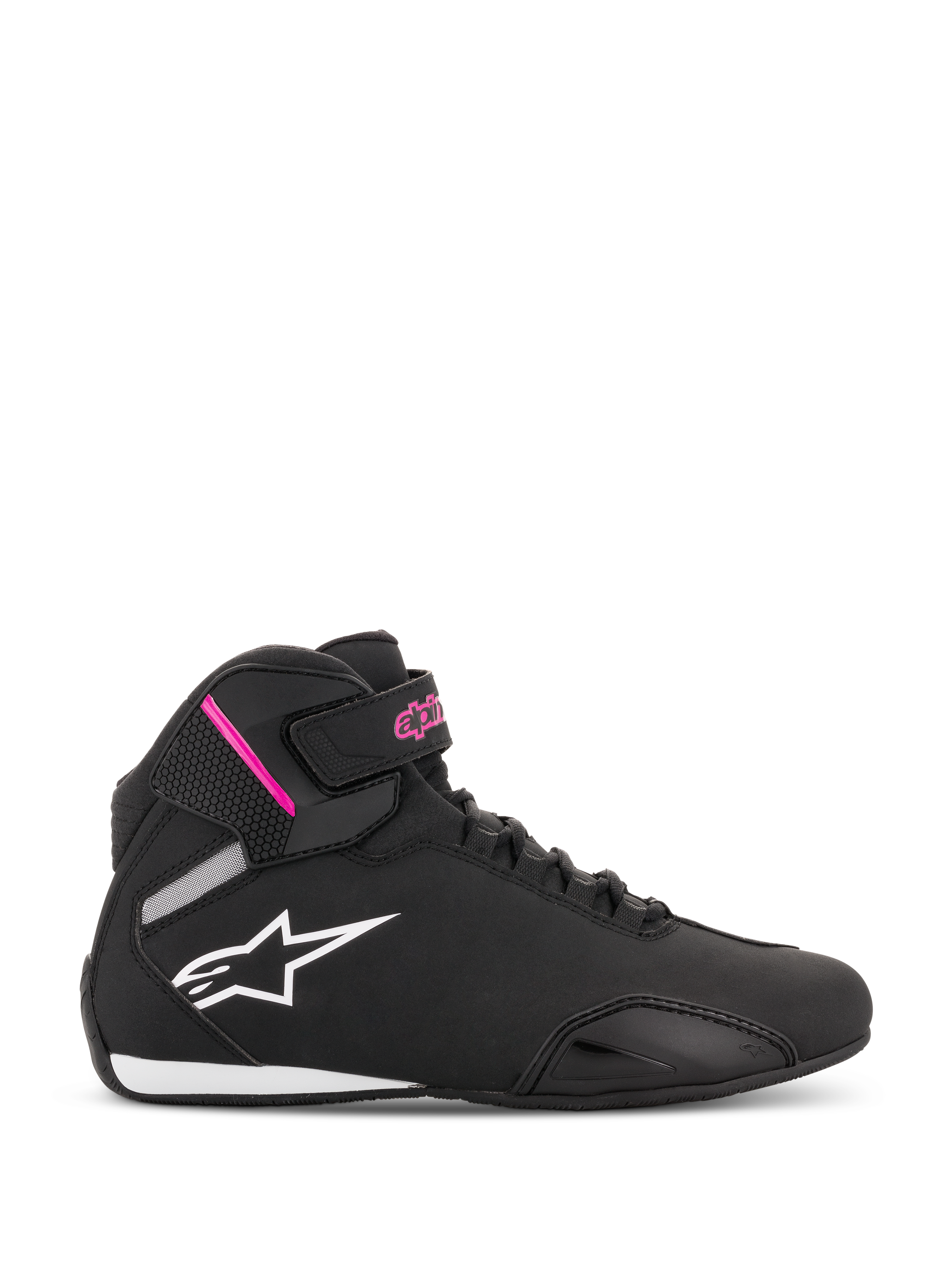 Chaussures Stella Sektor Femme Alpinestars, chaussures de moto montantes noires et fuchsia, logo étoile blanc, accents roses sur la sangle de cheville, lacets noirs, semelle blanche et noire, construction en microfibre légère