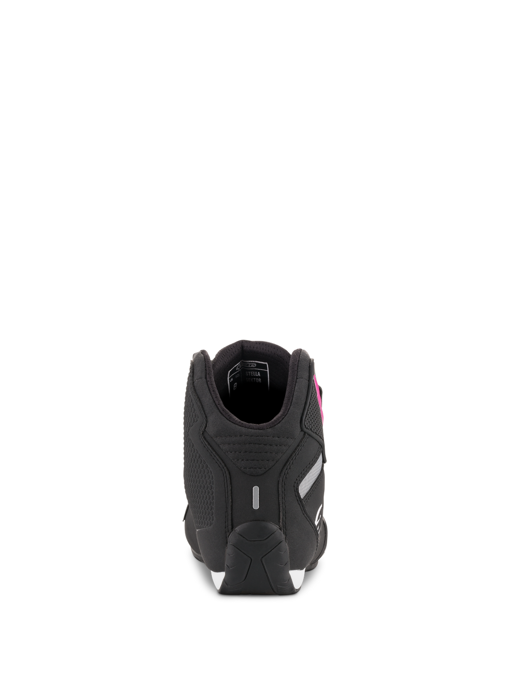 Chaussures Alpinestars Stella Sektor Femme, noir et fuchsia, vue arrière montrant la construction du talon et le détail réfléchissant, chaussures de moto en microfibre légère