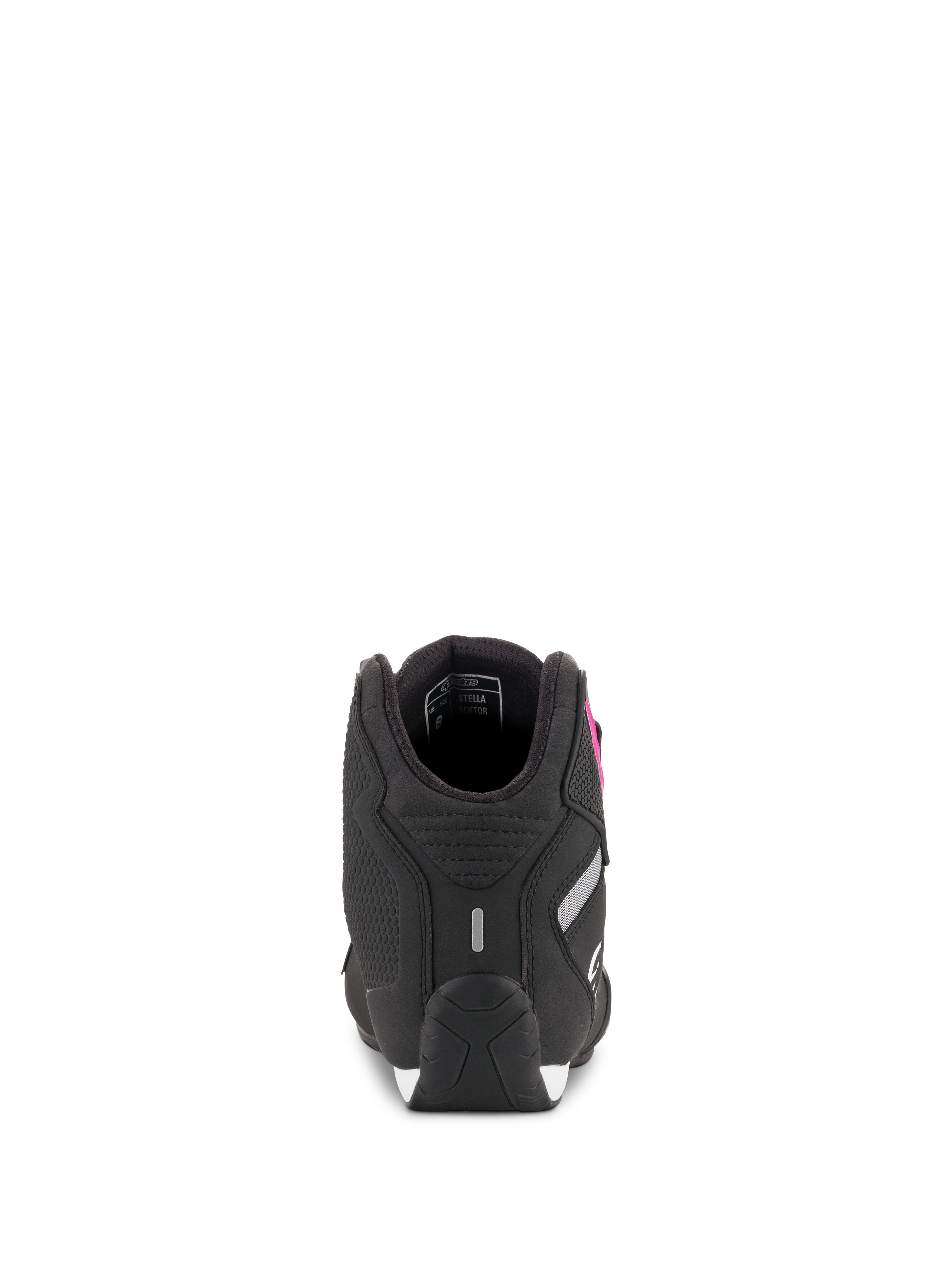 Chaussures Alpinestars Stella Sektor Femme, noir et fuchsia, vue arrière montrant la construction du talon et le détail réfléchissant, chaussures de moto en microfibre légère