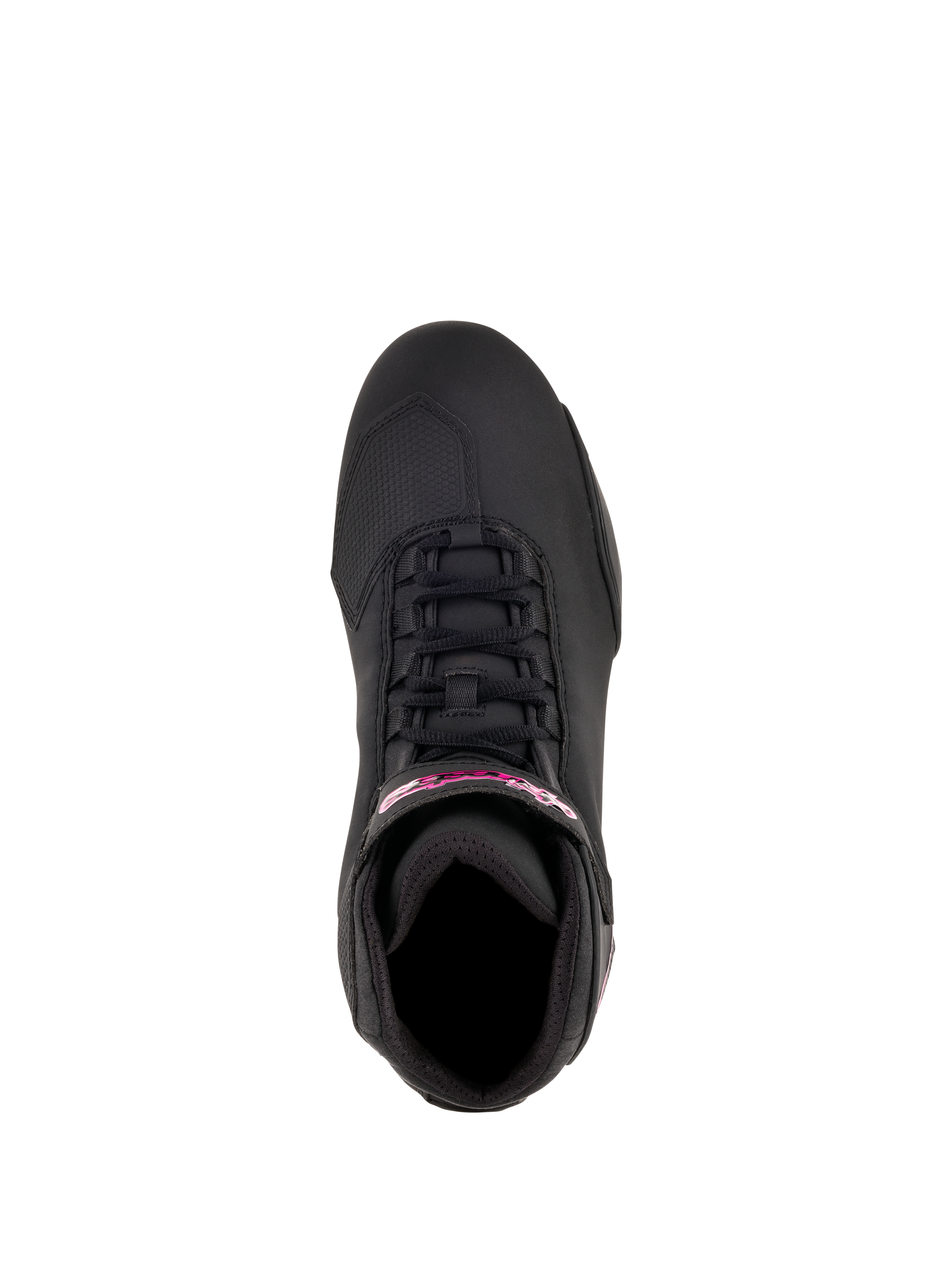 Chaussures Stella Sektor Femme Alpinestars, chaussures de moto, noir et fuchsia, vue de dessus montrant le système de laçage rapide et le logo fuchsia sur la sangle de cheville, construction en microfibre légère avec un profil sportif élégant