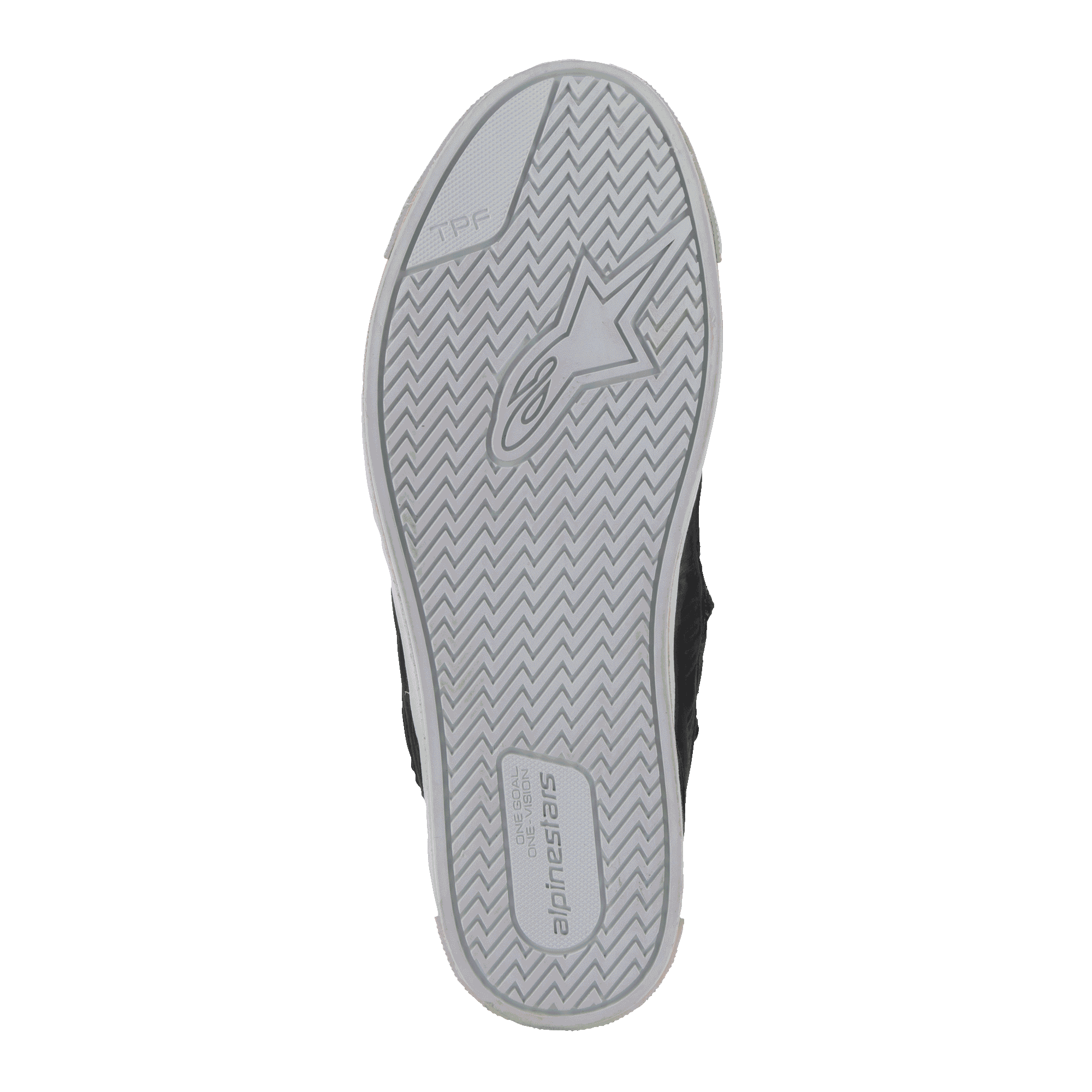 Alpinestars Stated Shoes, bottom view of sole, light gray vulcanized rubber with herringbone traction pattern, featuring Alpinestars star logo and TPF branding, urban motorcycle riding shoe detail