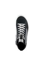 Alpinestars Stated Shoes, Top-down view of Black Gray and White motorcycle sneaker, featuring white laces, split suede and canvas upper, white vulcanized sole, urban riding footwear