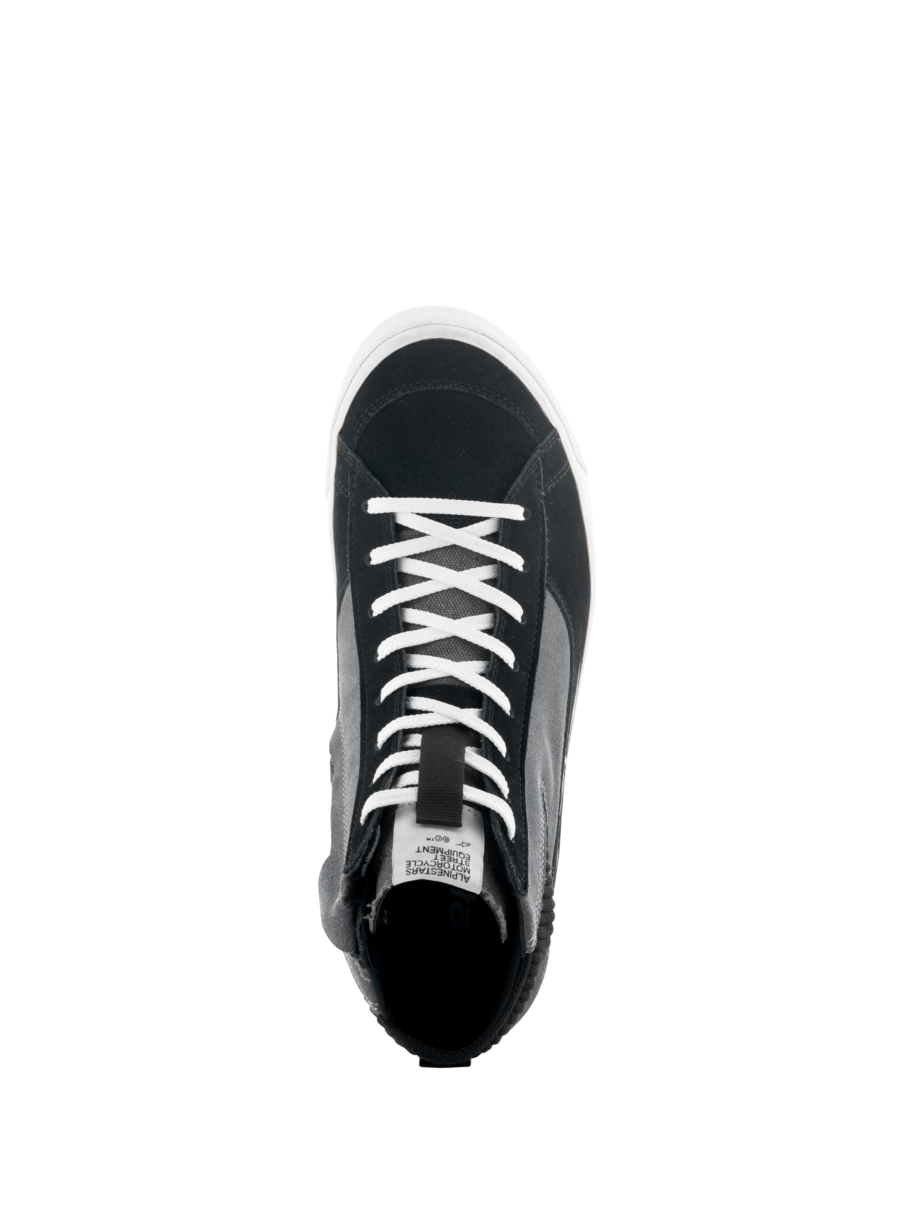 Alpinestars Stated Shoes, Top-down view of Black Gray and White motorcycle sneaker, featuring white laces, split suede and canvas upper, white vulcanized sole, urban riding footwear