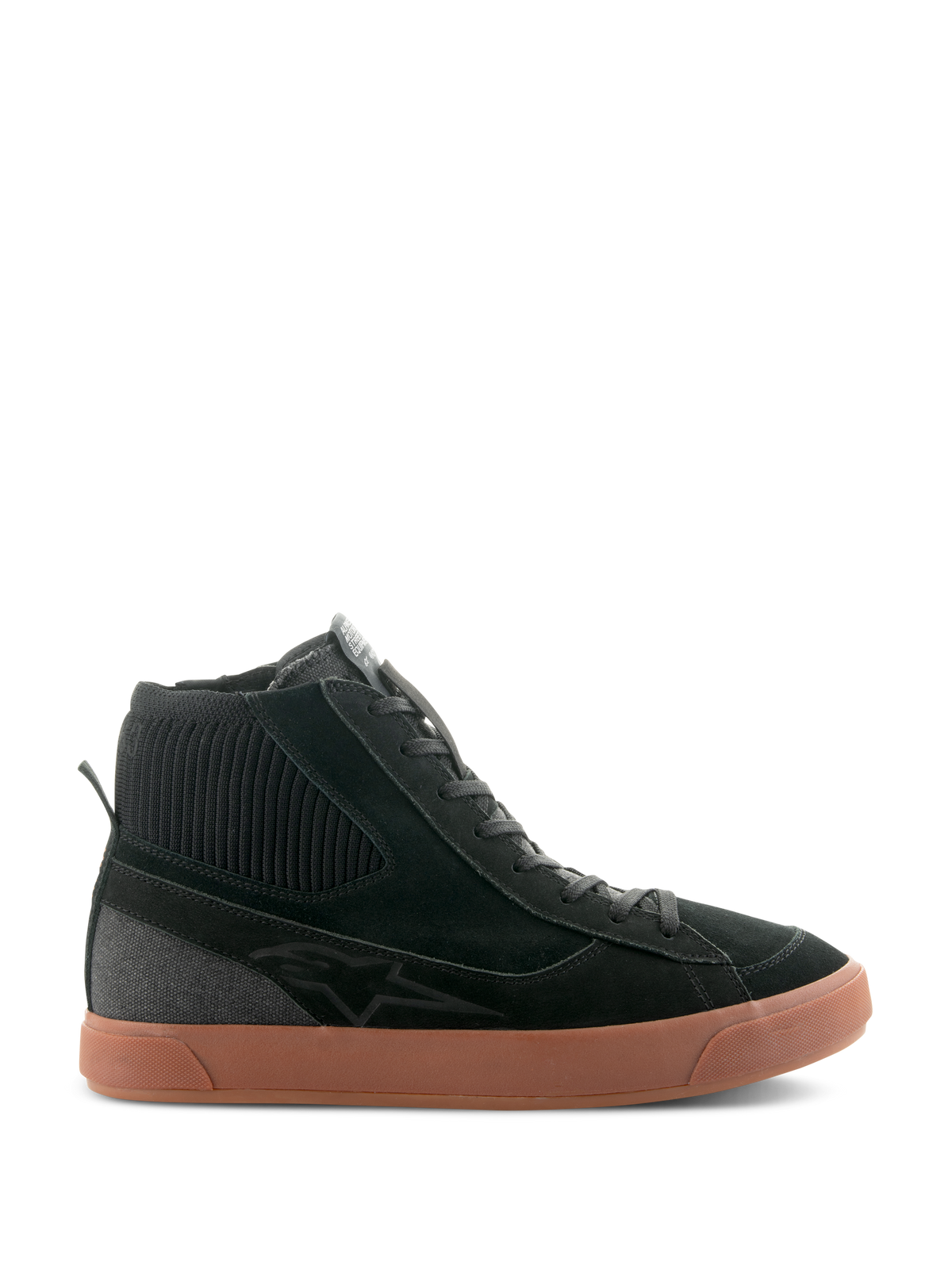 Alpinestars Stated Shoes, sneaker de moto montante noire avec semelle en gomme marron, tige en suède et toile, col de cheville en maille côtelée, design streetwear rétro inspiré du skate