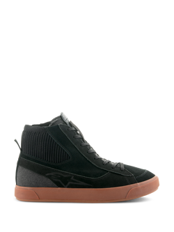 Alpinestars Stated Shoes, sneaker de moto montante noire avec semelle en gomme marron, tige en suède et toile, col de cheville en maille côtelée, design streetwear rétro inspiré du skate