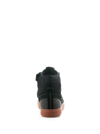 Alpinestars Stated Shoes, Black Gum urban riding shoes, rear view showing the gum vulcanized sole, black suede and canvas upper, and ribbed knitted ankle collar