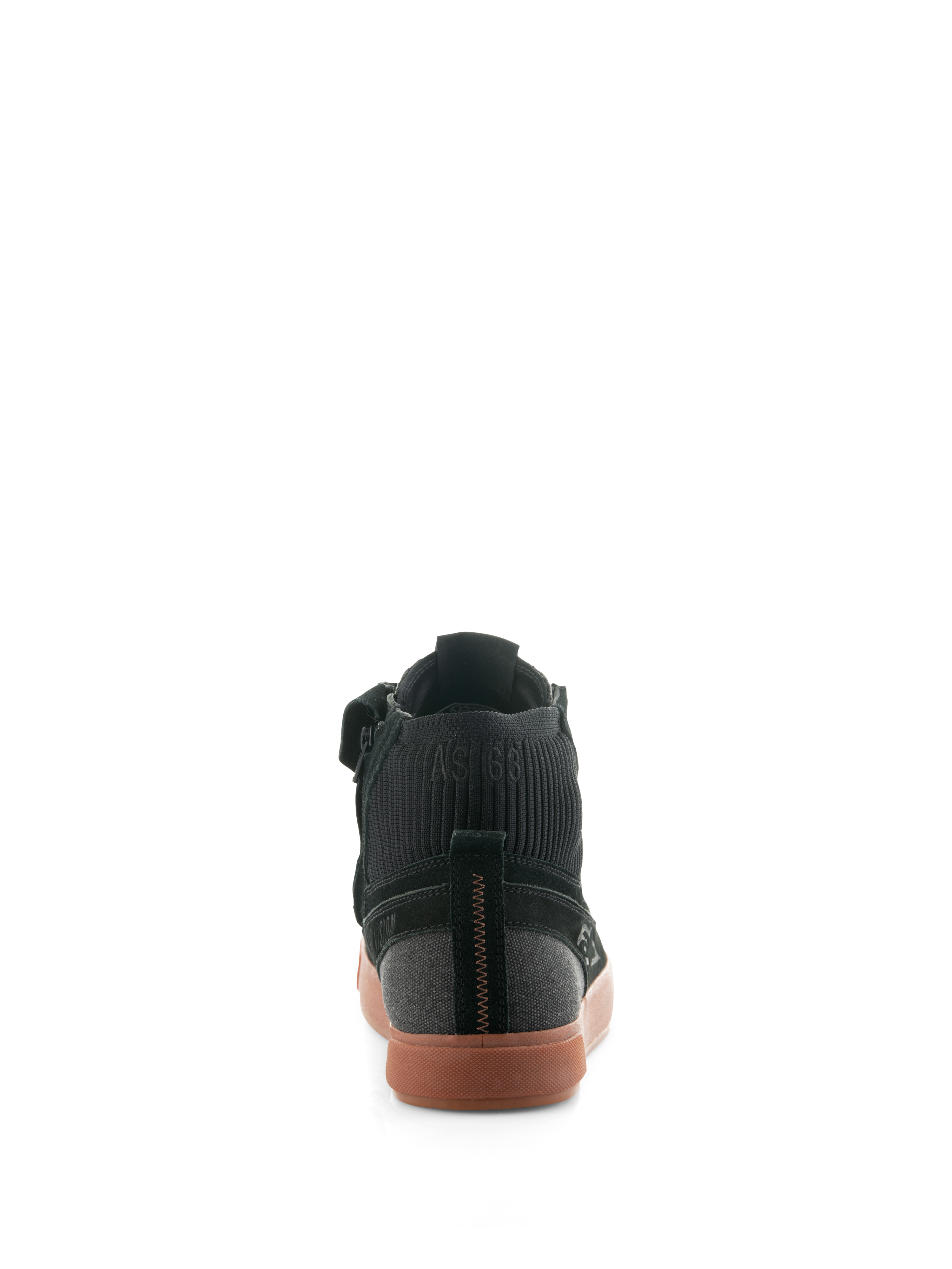 Alpinestars Stated Shoes, Black Gum urban riding shoes, rear view showing the gum vulcanized sole, black suede and canvas upper, and ribbed knitted ankle collar