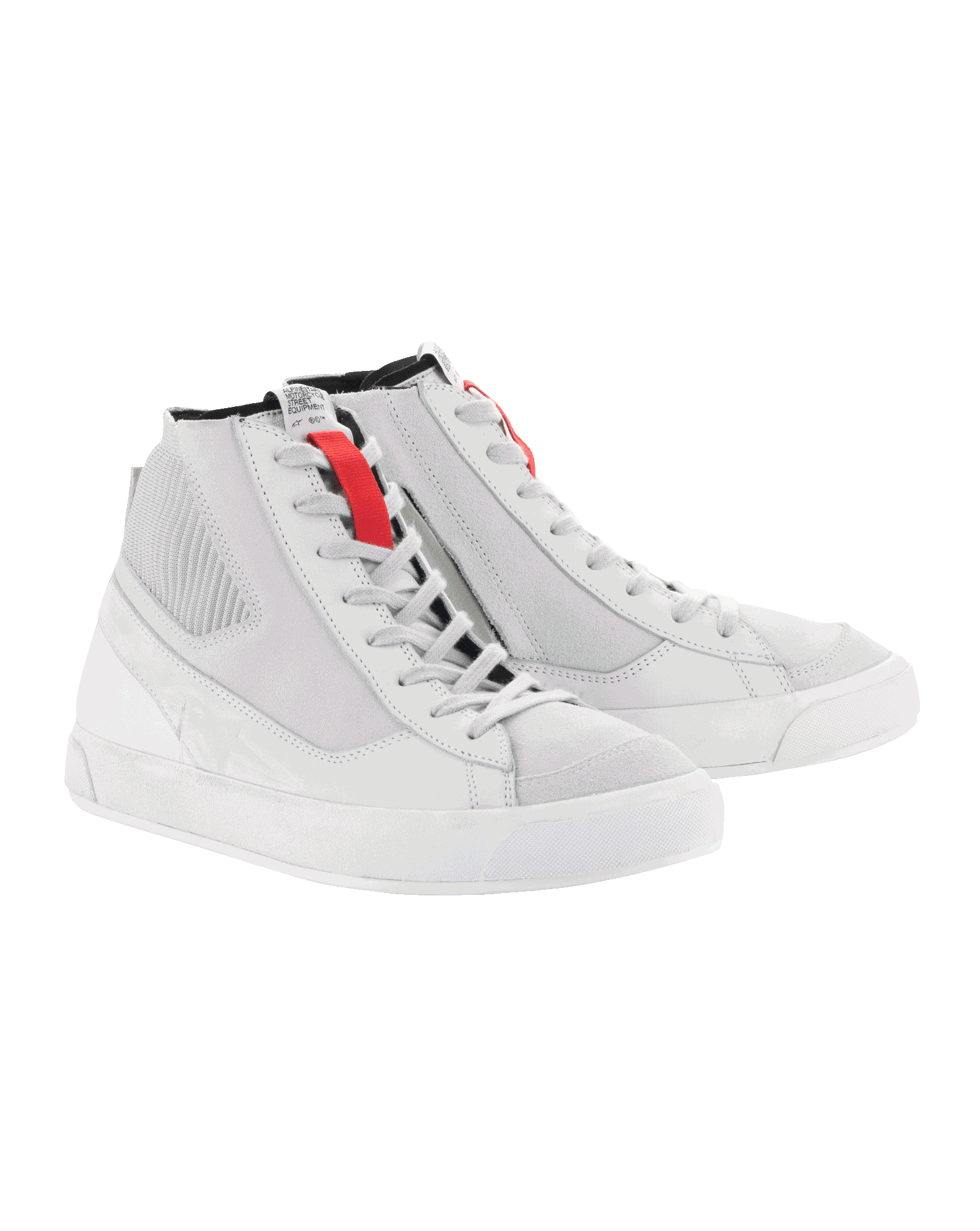 Chaussures Alpinestars Stated, chaussures de moto, Blanc Gris Froid, baskets montantes de style rétro avec semelles en caoutchouc vulcanisé, boucles de lacets rouges et construction durable en nubuck et toile.