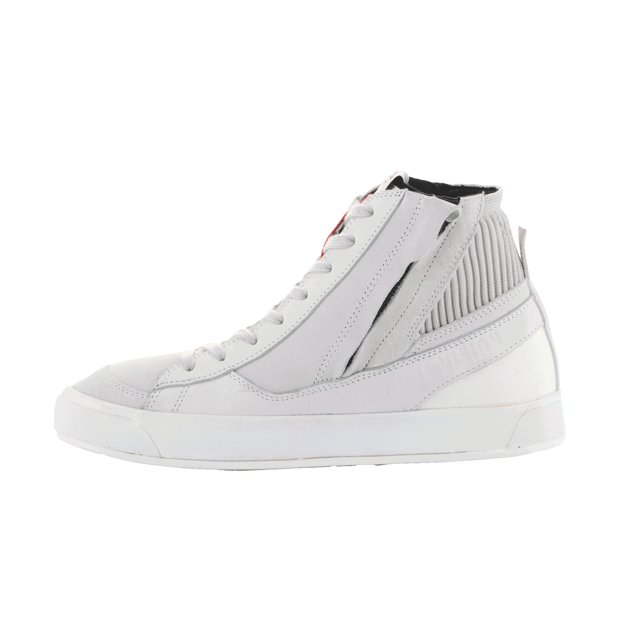 Chaussures Alpinestars Stated, chaussures de moto urbaines, White Cool Gray, style sneaker de rue montante, fabrication en nubuck et daim, fermeture éclair latérale, semelle vulcanisée blanche, col de cheville côtelé