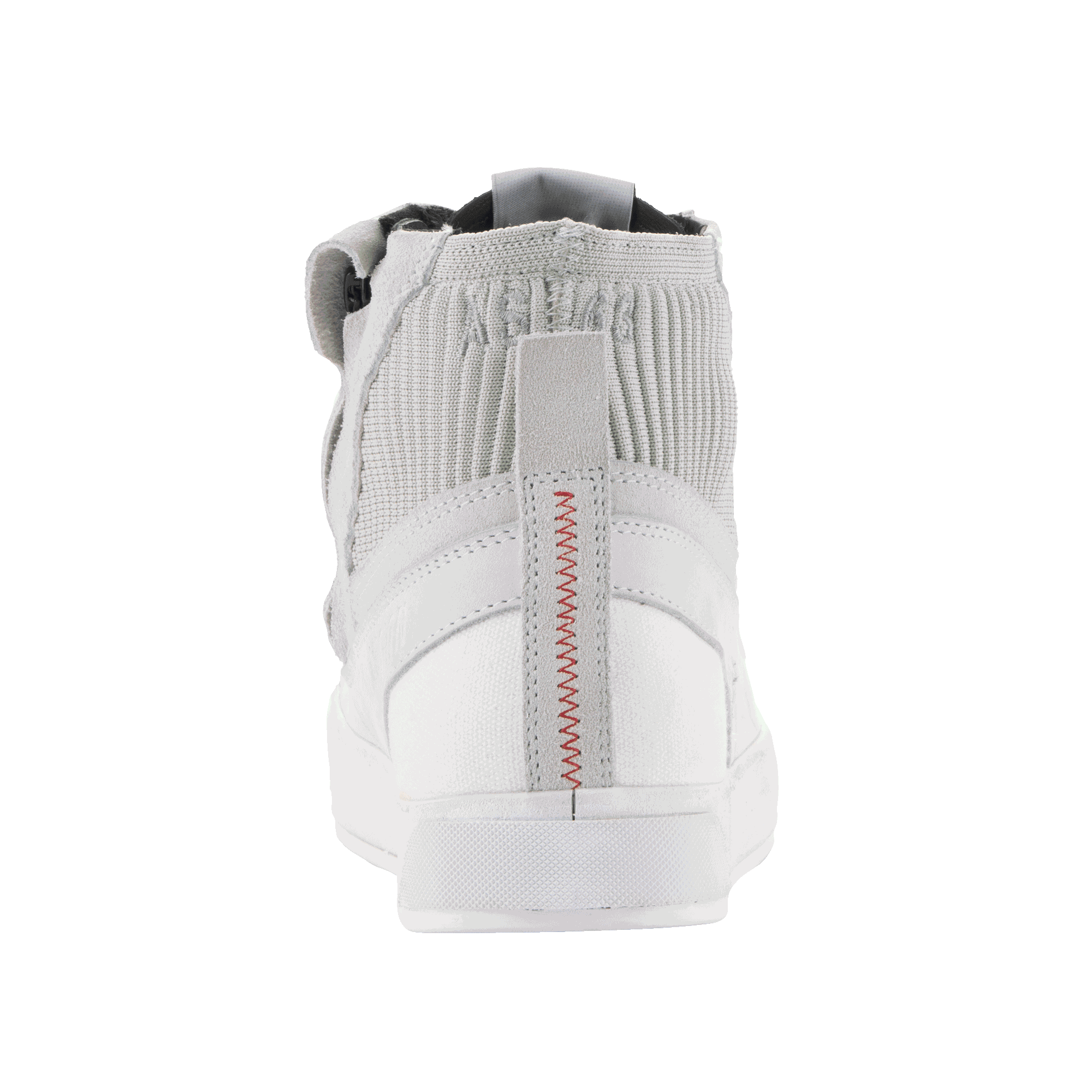 Chaussures Alpinestars Stated, chaussures de moto, blanc et gris, vue arrière avec coutures de talon rouges en zigzag, col de cheville en maille tricotée et semelle vulcanisée blanche, design de sneaker urbaine