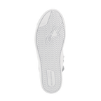 Alpinestars Stated Shoes, chaussures de moto urbaines, Blanc Cool Gray, vue de dessous de la semelle en caoutchouc vulcanisé, présentant un motif de traction en chevrons avec le marquage Alpinestars et le logo TPF (Transversal Protection Frame) pour l'adhérence et la sécurité