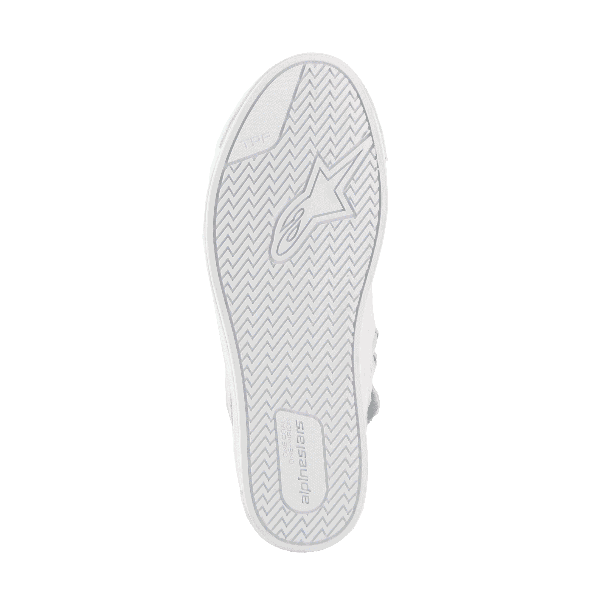 Alpinestars Stated Shoes, chaussures de moto urbaines, Blanc Cool Gray, vue de dessous de la semelle en caoutchouc vulcanisé, présentant un motif de traction en chevrons avec le marquage Alpinestars et le logo TPF (Transversal Protection Frame) pour l'adhérence et la sécurité