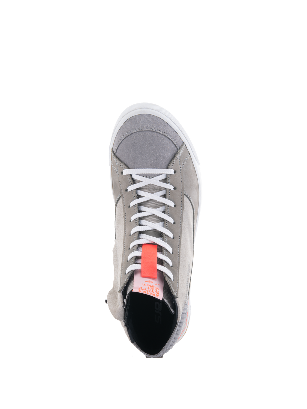 Alpinestars Stated Shoes, Light Gray motorcycle riding sneakers, top-down view featuring white laces and a bright red fluo pull tab, urban street style with suede and nubuck materials, white vulcanized sole edge