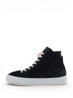 Alpinestars Stella Stated Podium Shoes, women's black urban riding sneakers with skate-inspired style and white soles.