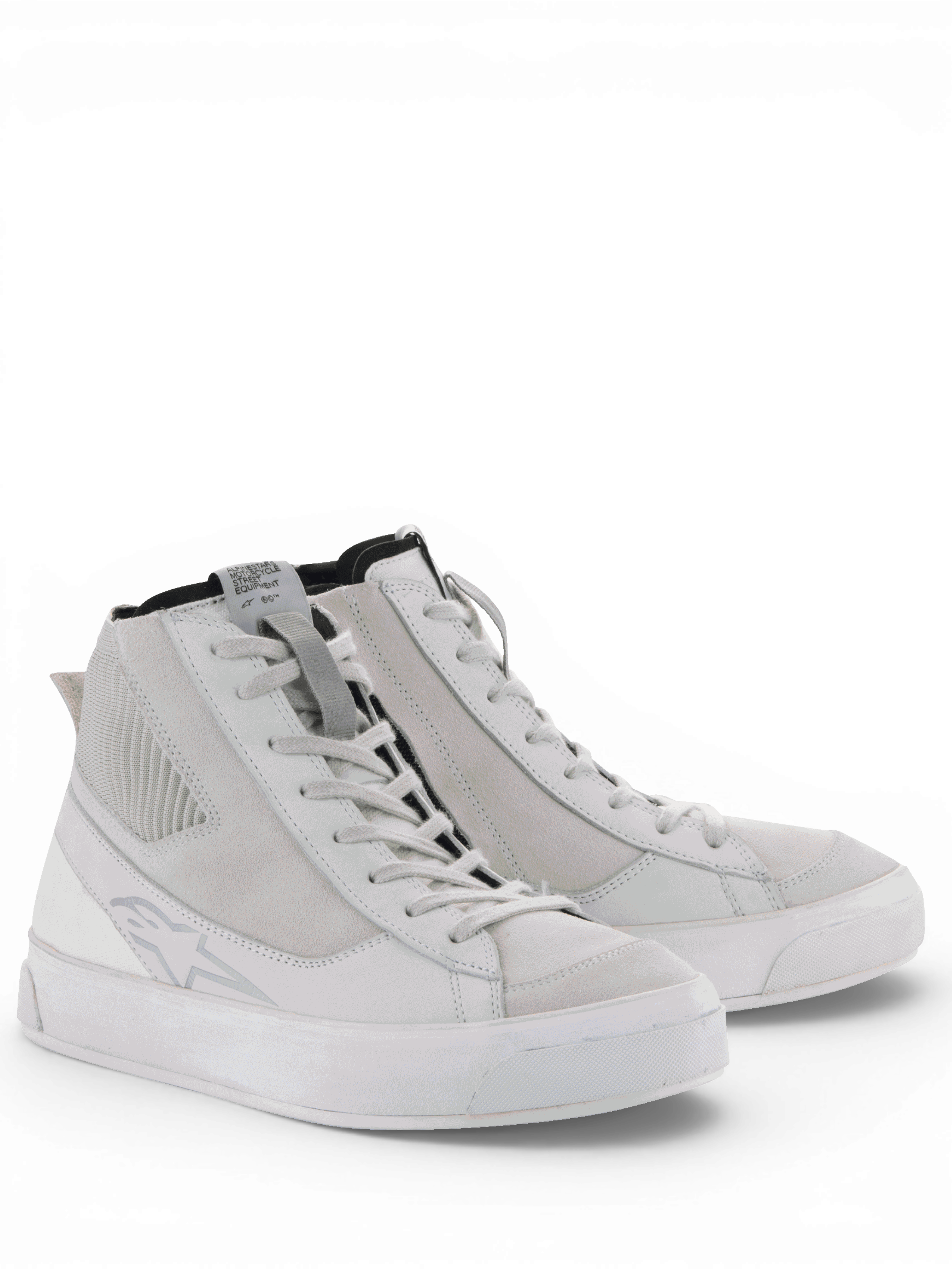 Alpinestars Stella Stated Podium, chaussures de moto pour femme, blanches et gris froid, style urbain, semelle vulcanisée.