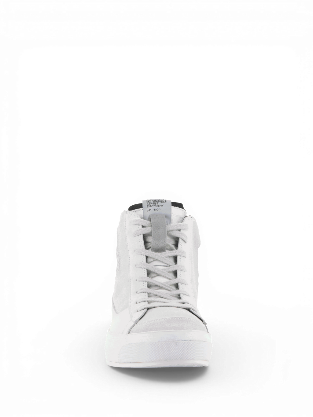 Alpinestars Stella Stated Podium, chaussures de moto pour femme, blanc et gris froid, vue de face, style sneaker en cuir.