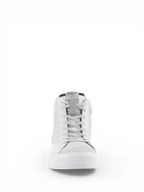 Alpinestars Stella Stated Podium, chaussures de moto pour femme, blanc et gris froid, vue de face, style sneaker en cuir.