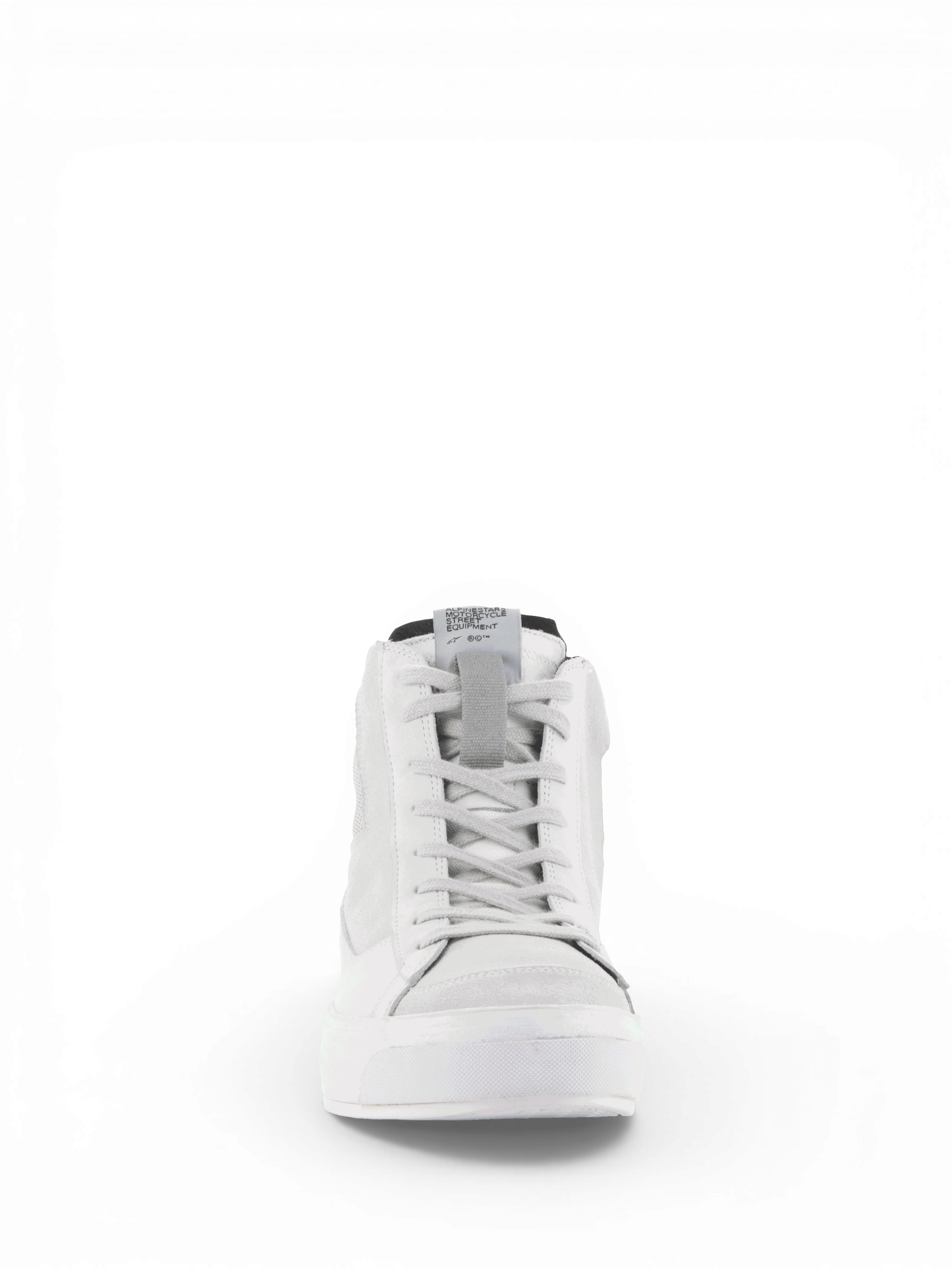 Alpinestars Stella Stated Podium, chaussures de moto pour femme, blanc et gris froid, vue de face, style sneaker en cuir.