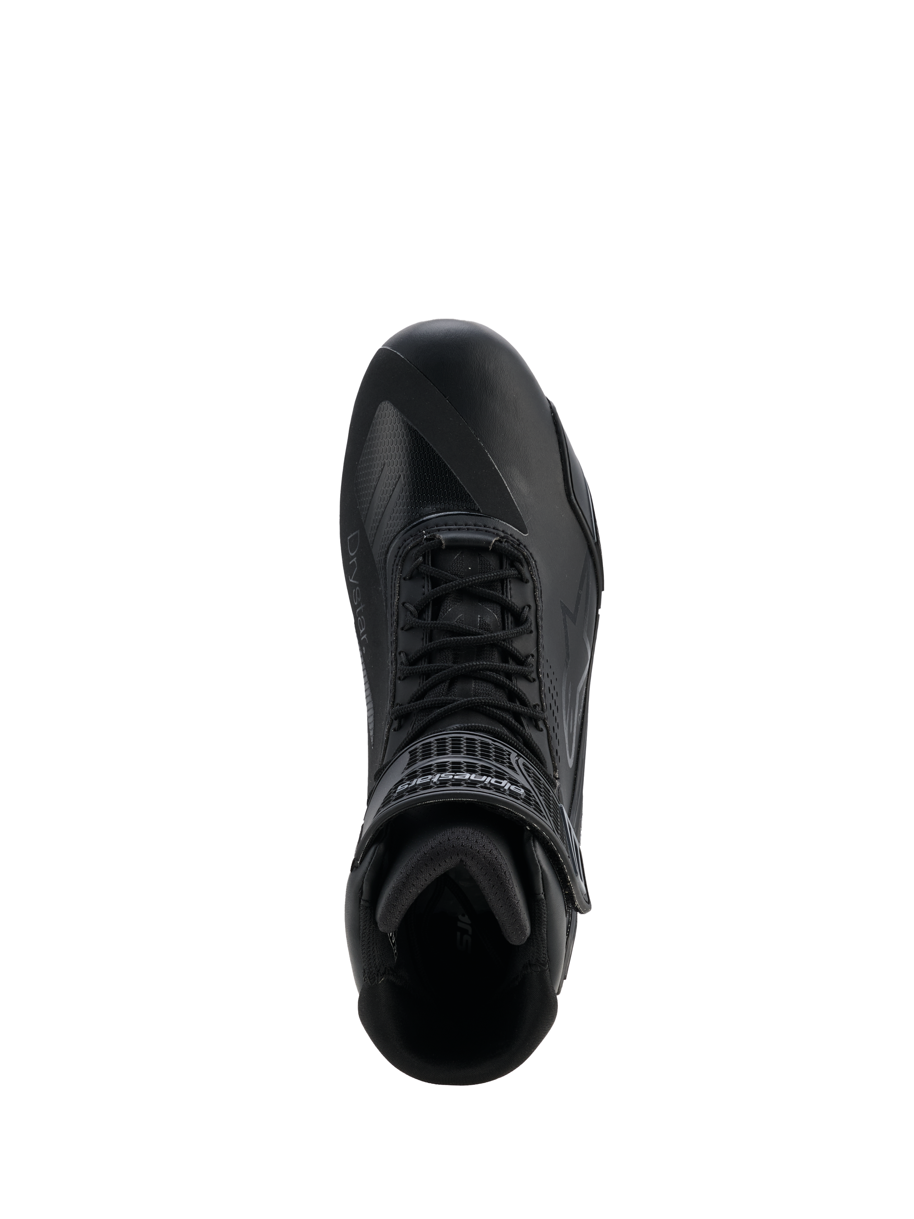 Alpinestars Faster-4 Drystar® Shoes, Black Cool Gray, top-down view of motorcycle riding shoe, featuring lace-up closure and a hook-and-loop ankle strap, seamless microfiber construction with Drystar® branding, sleek athletic profile for protective road riding.