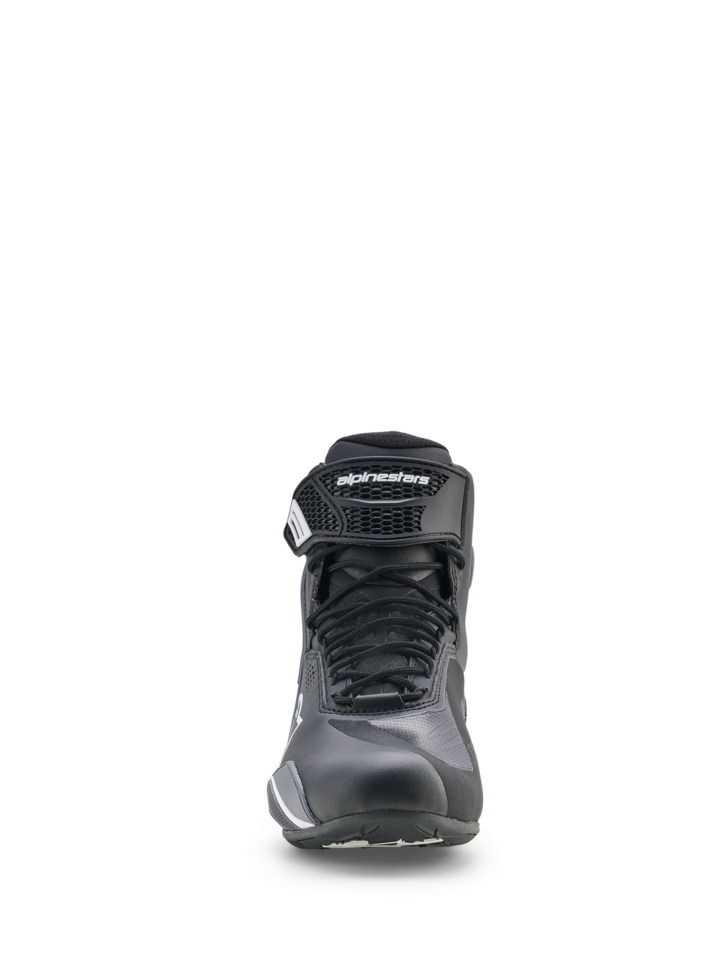 Chaussures Alpinestars Faster-4 Drystar®, chaussures de moto, noir, gris froid et blanc, vue de face avec fermeture à lacets et sangle de cheville auto-agrippante, profil bas sportif pour la conduite sur route