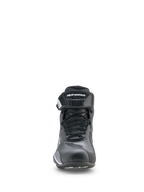 Chaussures Alpinestars Faster-4 Drystar®, chaussures de moto, noir, gris froid et blanc, vue de face avec fermeture à lacets et sangle de cheville auto-agrippante, profil bas sportif pour la conduite sur route