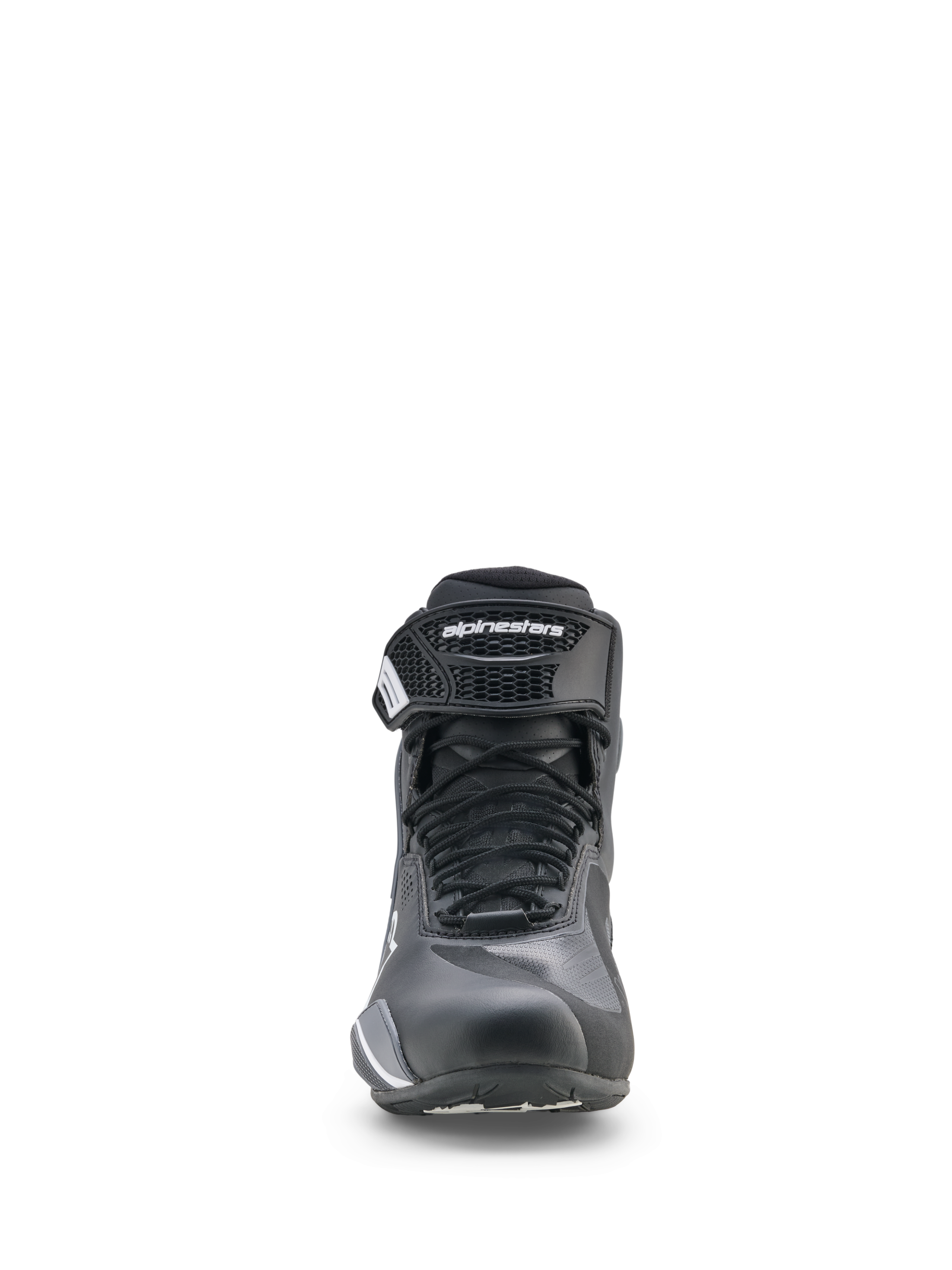 Chaussures Alpinestars Faster-4 Drystar®, chaussures de moto, noir, gris froid et blanc, vue de face avec fermeture à lacets et sangle de cheville auto-agrippante, profil bas sportif pour la conduite sur route
