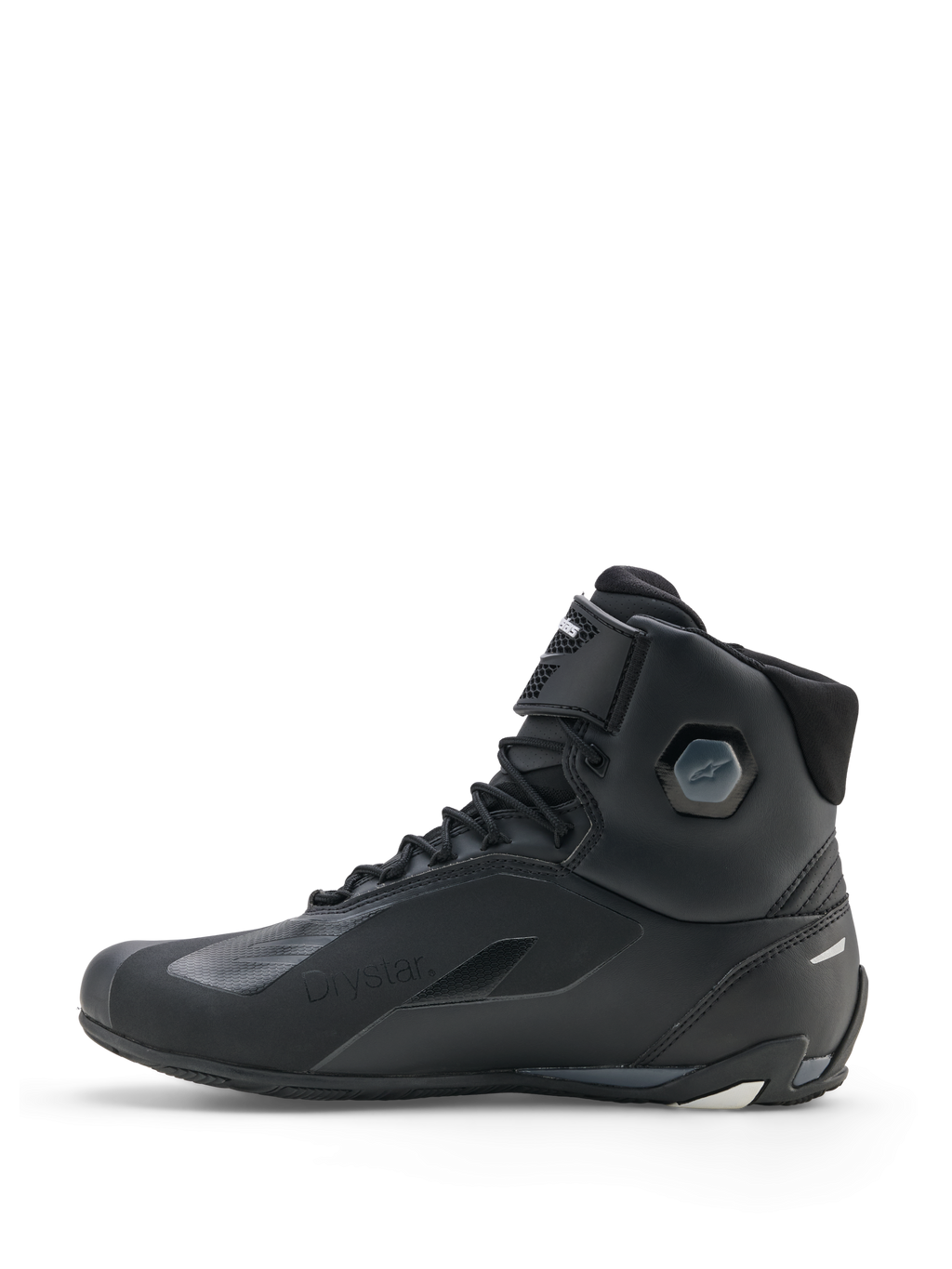 Chaussures Alpinestars Faster-4 Drystar®, chaussures de moto, Noir Gris Froid Blanc, vue de profil latéral présentant une construction imperméable, une fermeture à lacets avec sangle auto-agrippante et une protection de cheville intégrée.
