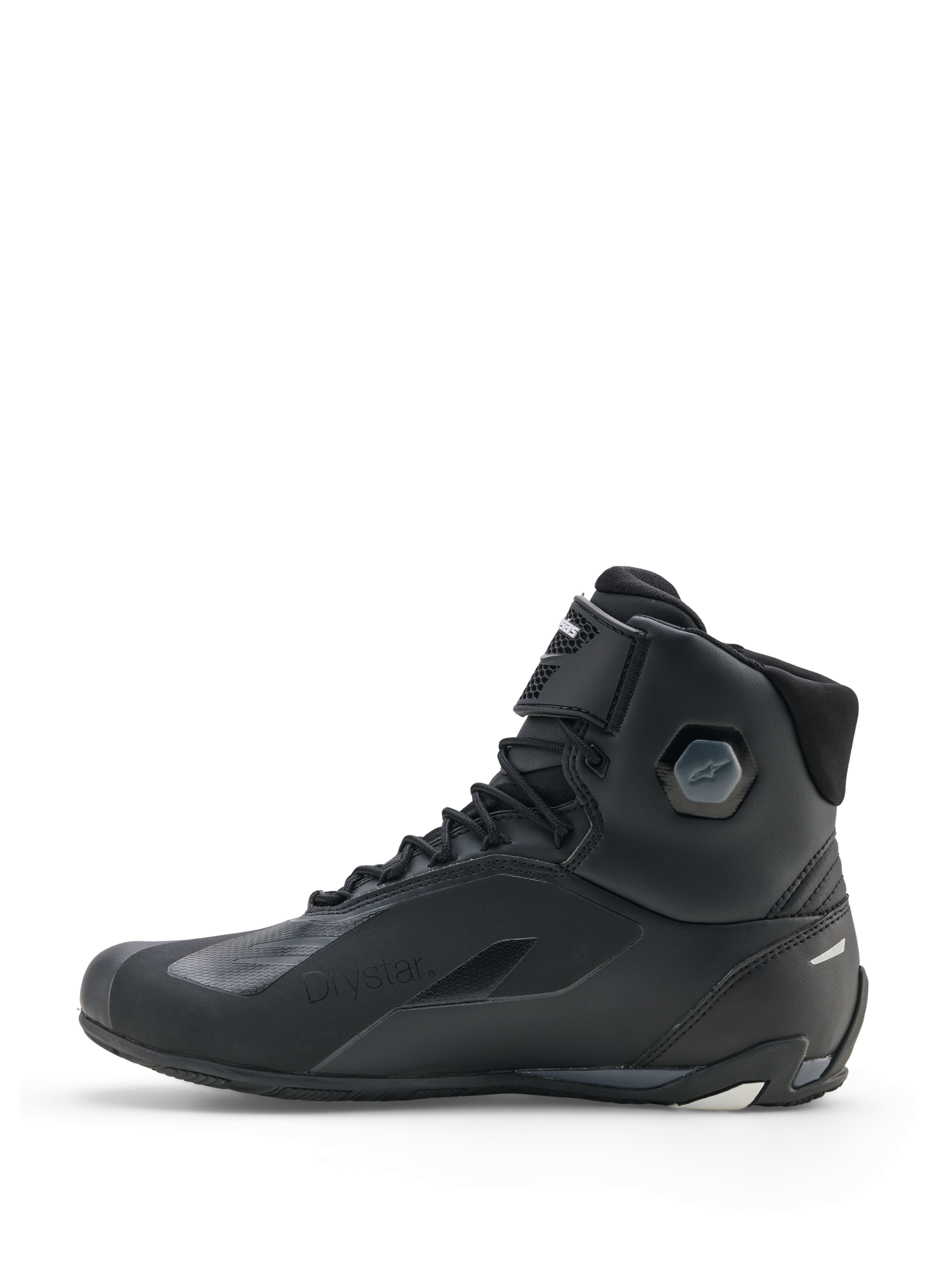 Chaussures Alpinestars Faster-4 Drystar®, chaussures de moto, Noir Gris Froid Blanc, vue de profil latéral présentant une construction imperméable, une fermeture à lacets avec sangle auto-agrippante et une protection de cheville intégrée.
