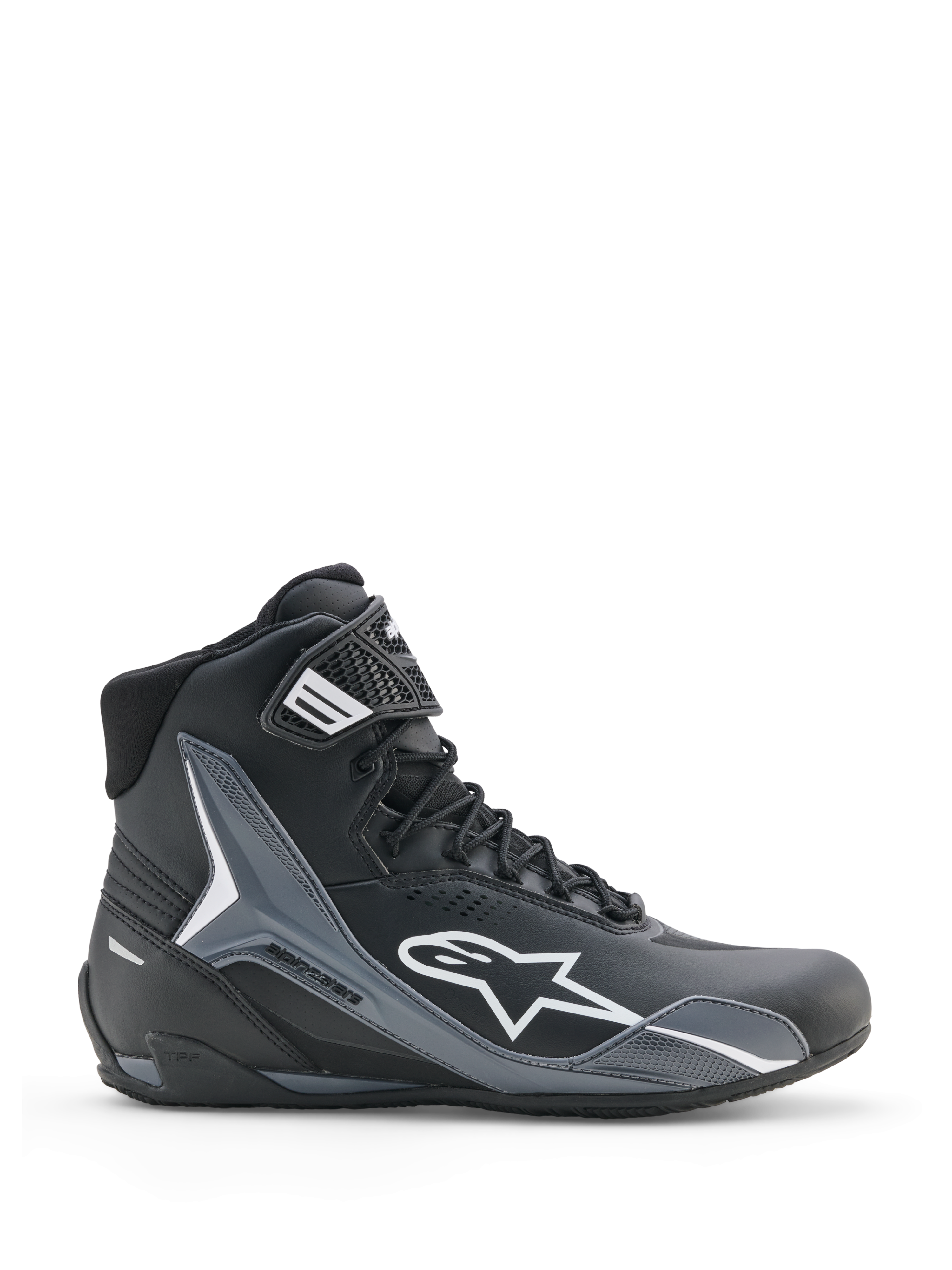 Alpinestars Faster-4 Drystar, chaussures de moto, noir, gris froid et blanc, vue de profil montrant le logo Astars blanc, design montant avec panneaux de protection renforcés, fermeture à lacets avec sangle de cheville, style sportif moderne