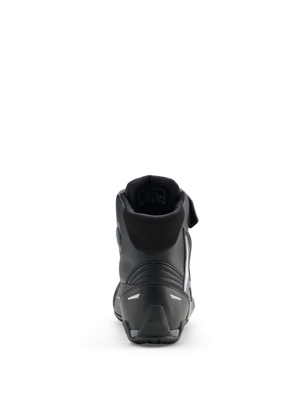 Chaussures Faster-4 Drystar® d'Alpinestars, chaussures de moto, Noir Gris Froid Blanc, vue arrière montrant le col rembourré, le talon renforcé avec des accents réfléchissants et la semelle en caoutchouc texturée pour la performance sportive.