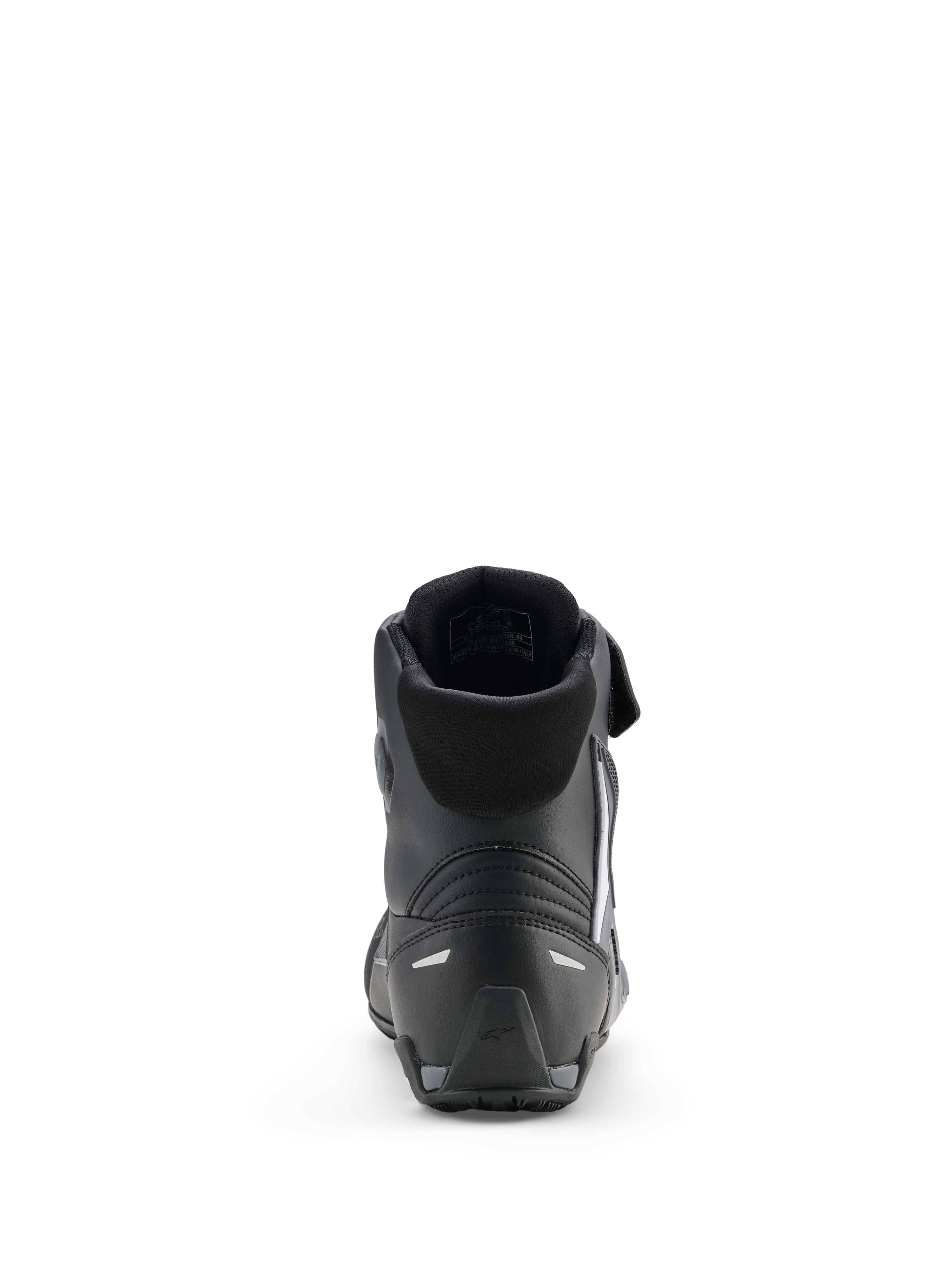 Chaussures Faster-4 Drystar® d'Alpinestars, chaussures de moto, Noir Gris Froid Blanc, vue arrière montrant le col rembourré, le talon renforcé avec des accents réfléchissants et la semelle en caoutchouc texturée pour la performance sportive.