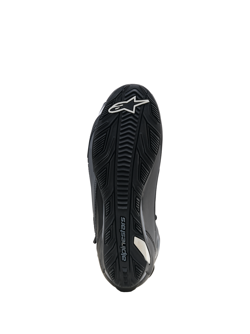 Chaussures Alpinestars Faster-4 Drystar, chaussures de moto, noires, vue de la semelle montrant une semelle extérieure en caoutchouc renforcé avec adhérence texturée, logo étoile blanc sur la pointe et marquage Alpinestars, conçues pour la stabilité et l'adhérence sur les repose-pieds.
