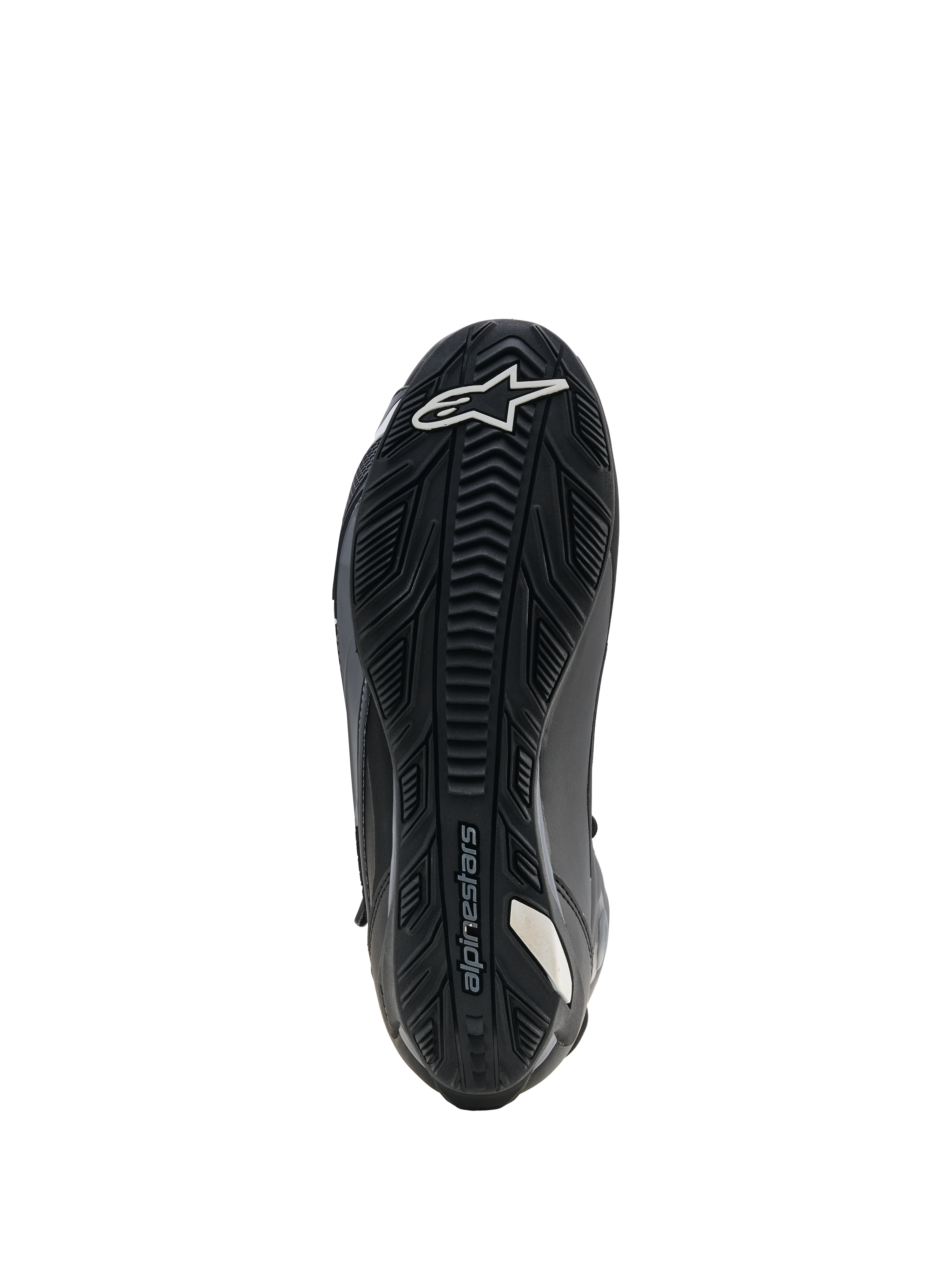 Chaussures Alpinestars Faster-4 Drystar, chaussures de moto, noires, vue de la semelle montrant une semelle extérieure en caoutchouc renforcé avec adhérence texturée, logo étoile blanc sur la pointe et marquage Alpinestars, conçues pour la stabilité et l'adhérence sur les repose-pieds.