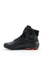 Alpinestars Faster-4 Drystar® Shoes, Motorcycle Riding Shoes, Black with Rio Red and Red Fluo accents, lateral side profile, featuring seamless microfiber construction, Drystar branding, and reinforced heel with red highlights