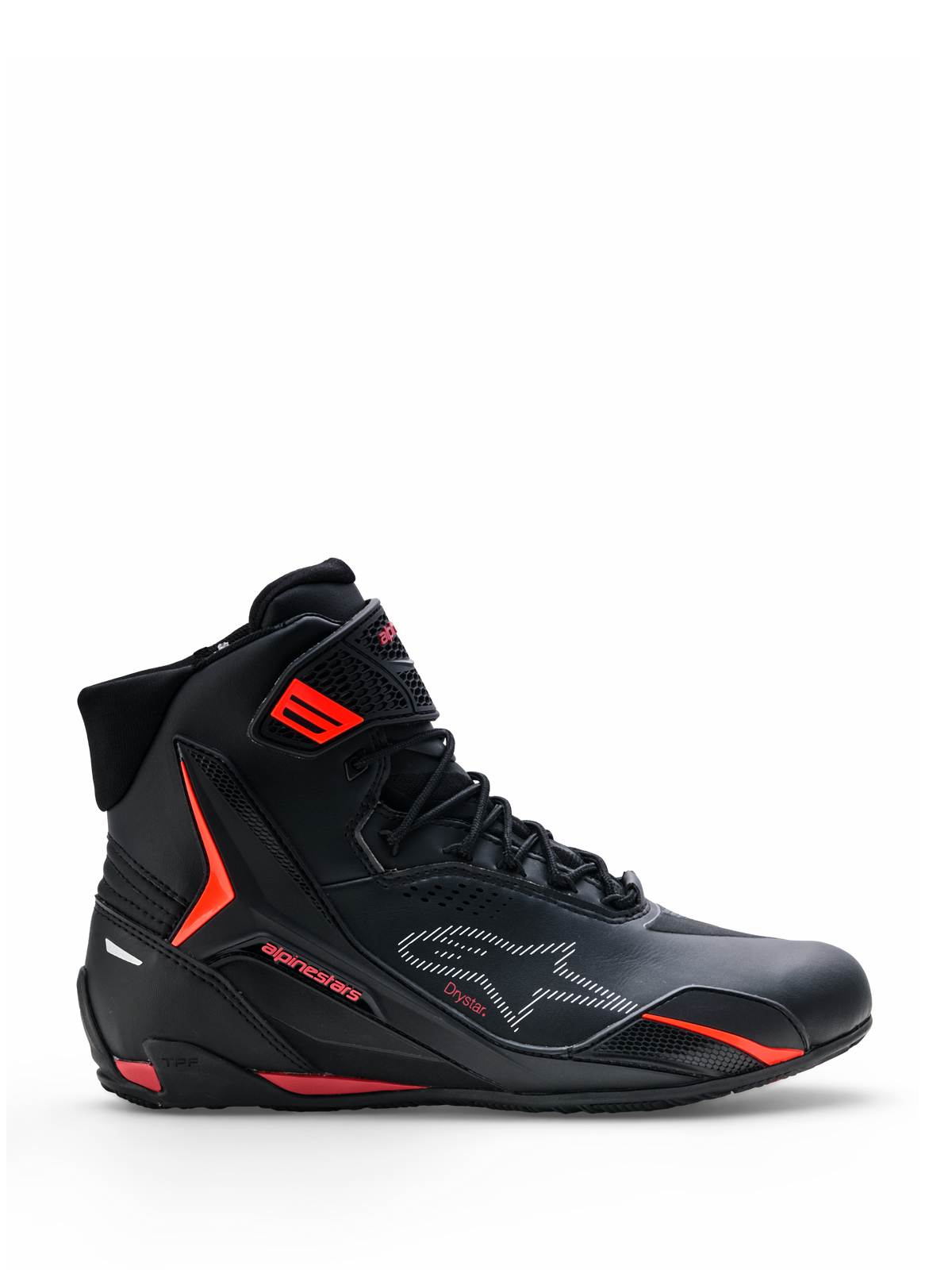 Alpinestars Faster-4 Drystar® Shoes, Motorcycle Riding Shoes, Black with Rio Red and Red Fluo accents, side profile view, high-top design with lace-up closure and ankle strap, sporty urban style