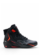 Alpinestars Faster-4 Drystar® Shoes, Motorcycle Riding Shoes, Black with Rio Red and Red Fluo accents, side profile view, high-top design with lace-up closure and ankle strap, sporty urban style