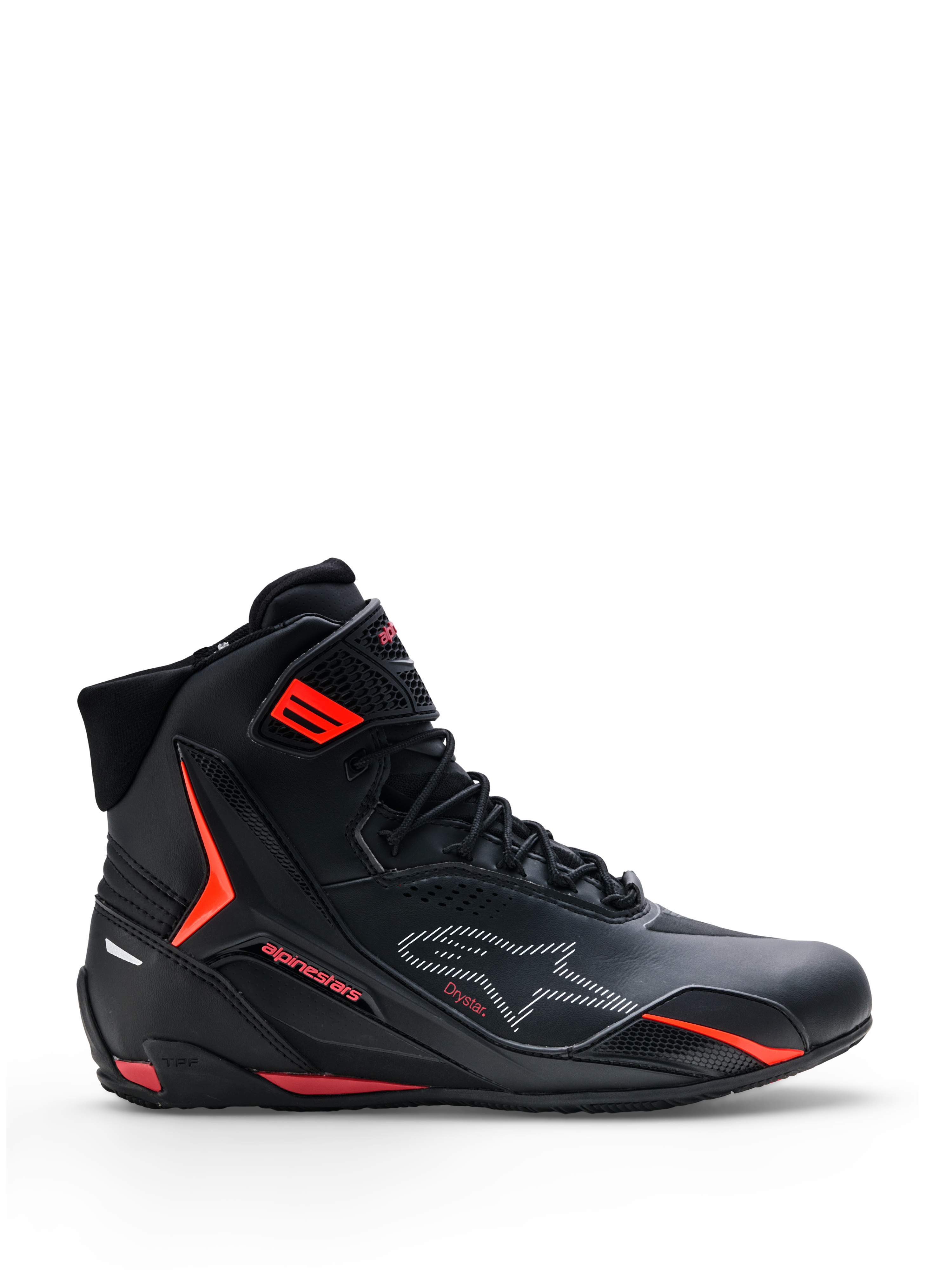 Chaussures Alpinestars Faster-4 Drystar®, chaussures de moto, noires avec accents Rouge Rio et Rouge Fluo, vue de profil, design montant avec fermeture à lacets et sangle de cheville, style urbain sportif