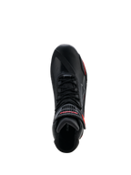 Alpinestars Faster-4 Drystar® Shoes, Black with Rio Red and Red Fluo accents, top-down view showing lace-up system and hook-and-loop strap with red branding, waterproof motorcycle riding footwear