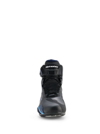 Chaussures Alpinestars Faster-4 Drystar®, chaussures de moto imperméables, Noir Nuit Marine Cyan, vue de face montrant les lacets et la sangle de cheville réglable avec logo Alpinestars, design sportif profilé