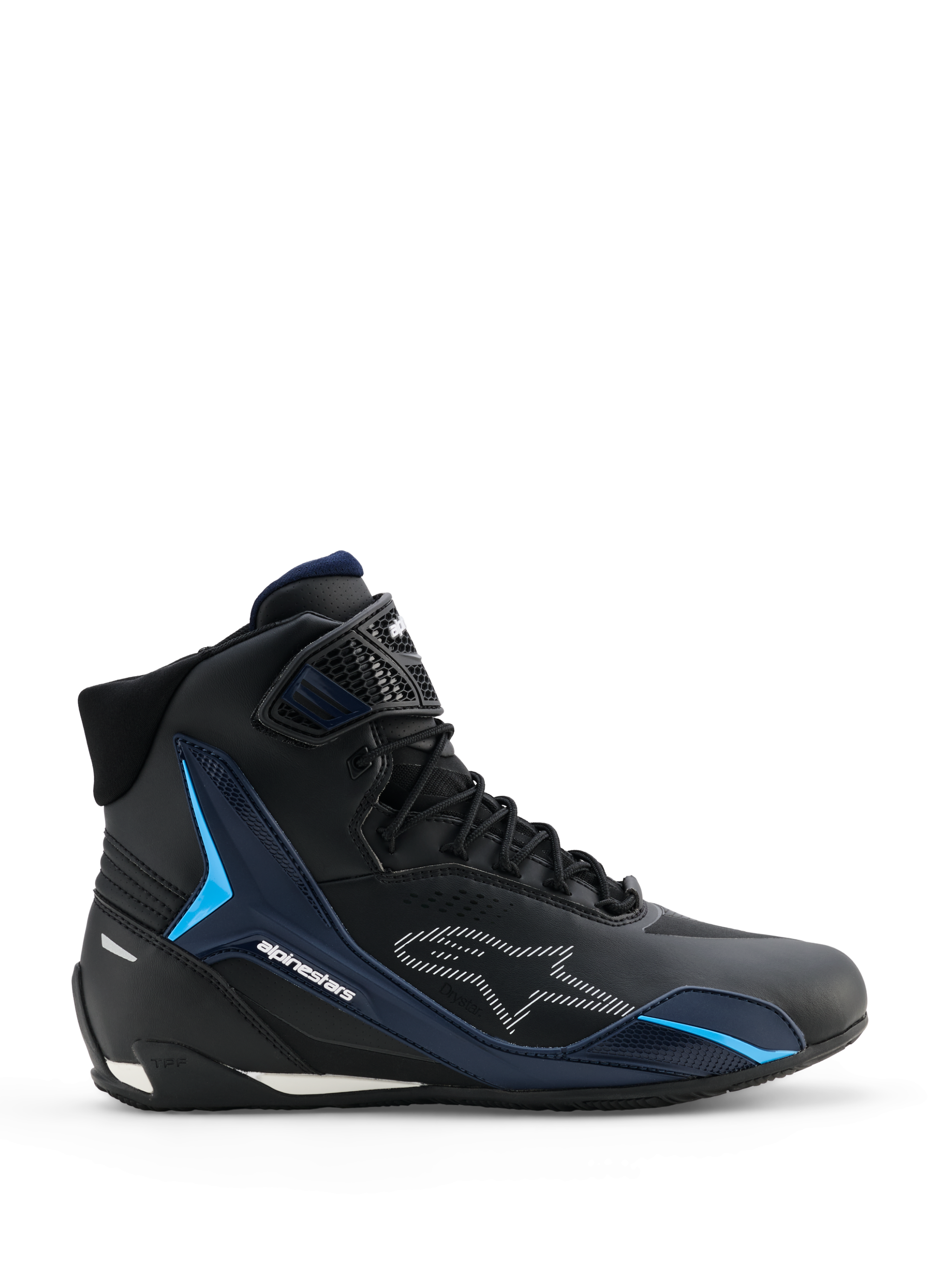 Alpinestars Faster-4 Drystar, chaussures de moto, Black Night Navy Cyan, vue latérale montrant le design de basket montante, panneaux de support en TPU cyan, logo Alpinestars blanc en pointillés, fermeture à lacets avec sangle de cheville texturée